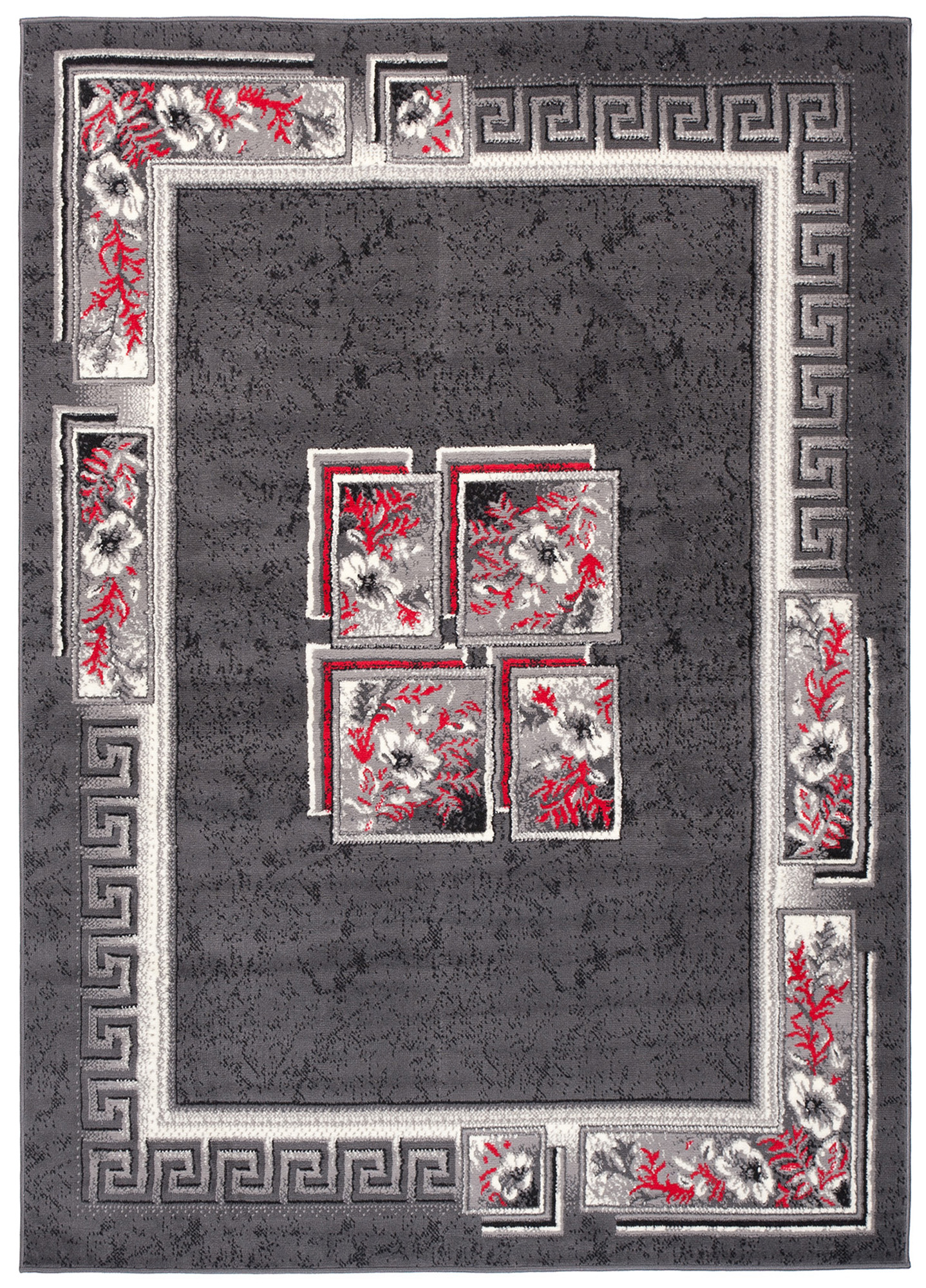 Area Rug Dream Grey Red Flowers Squares