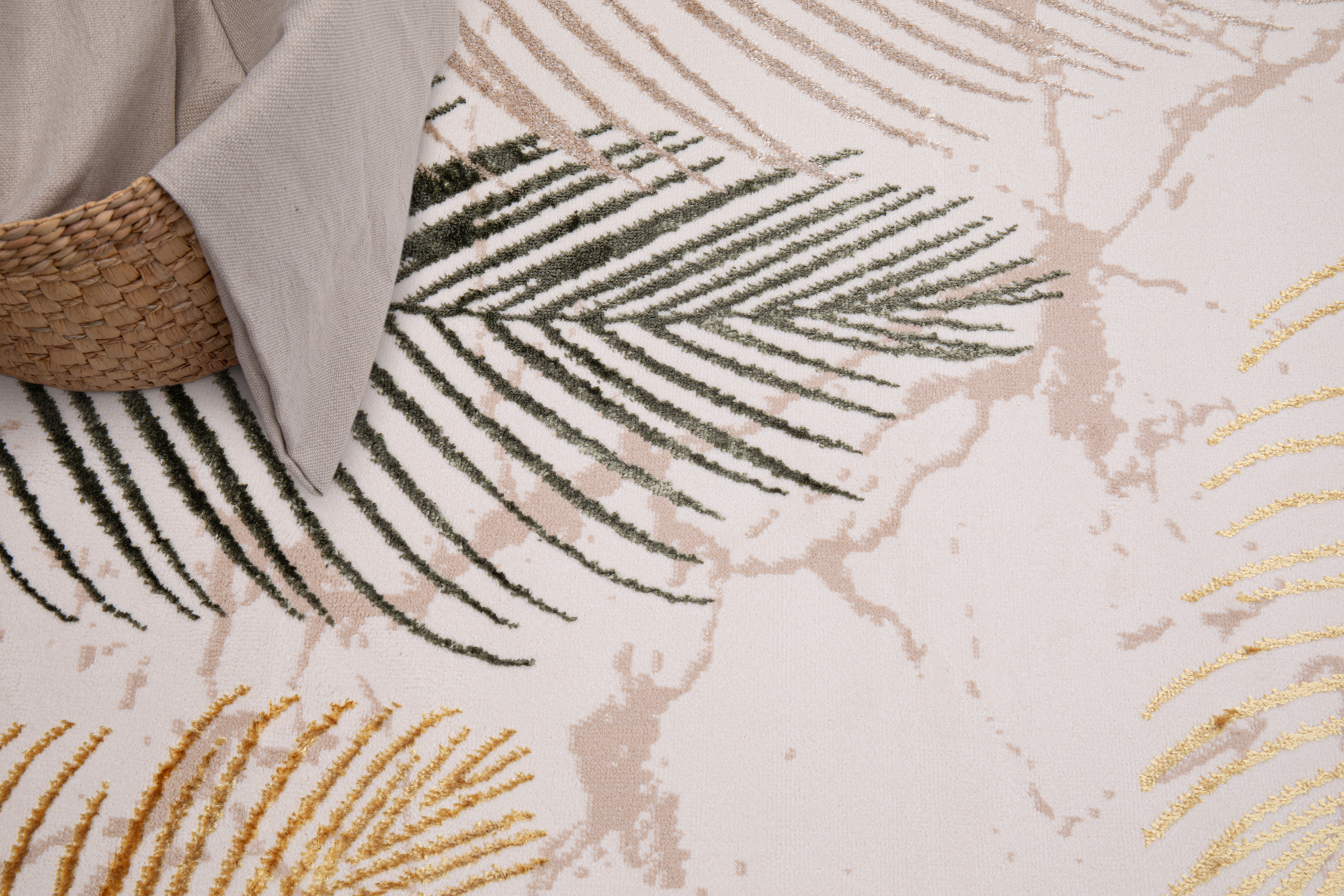 Area Rug Crystal Green Gold Cream Leaves 3D Effect
