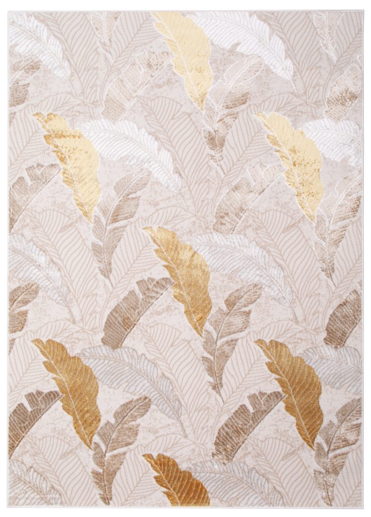 Area Rug Crystal Gold Brown Beige Leaves 3D Effect
