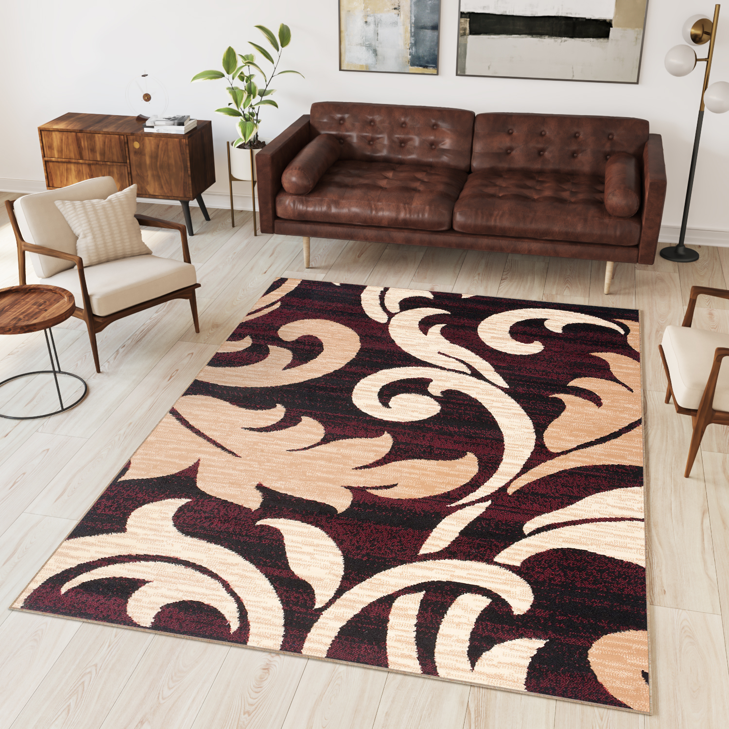 Area Rug Dream Burgundy Cream Ornaments Leaves