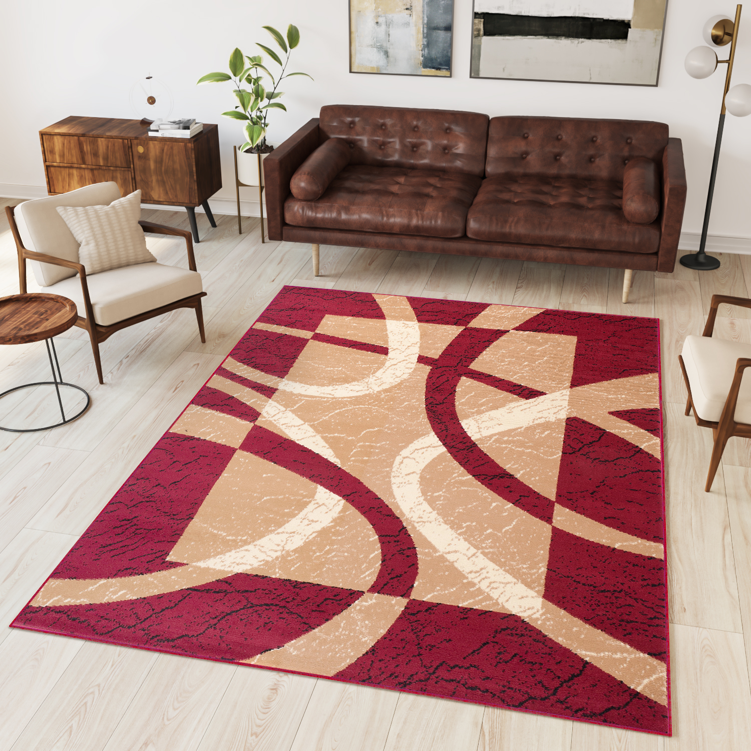 Area Rug Dream Red Cream Frame Lines