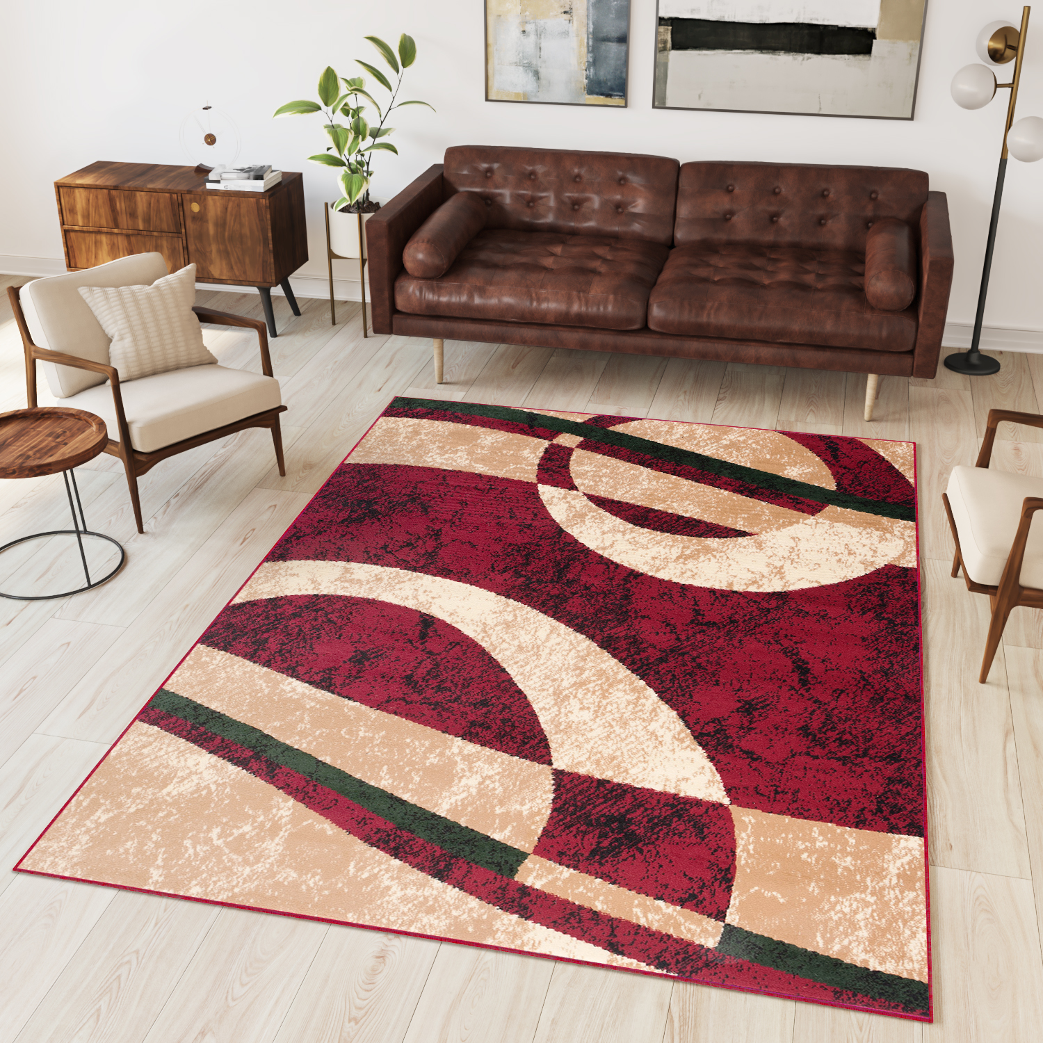 Area Rug Dream Red Cream Green Circles
