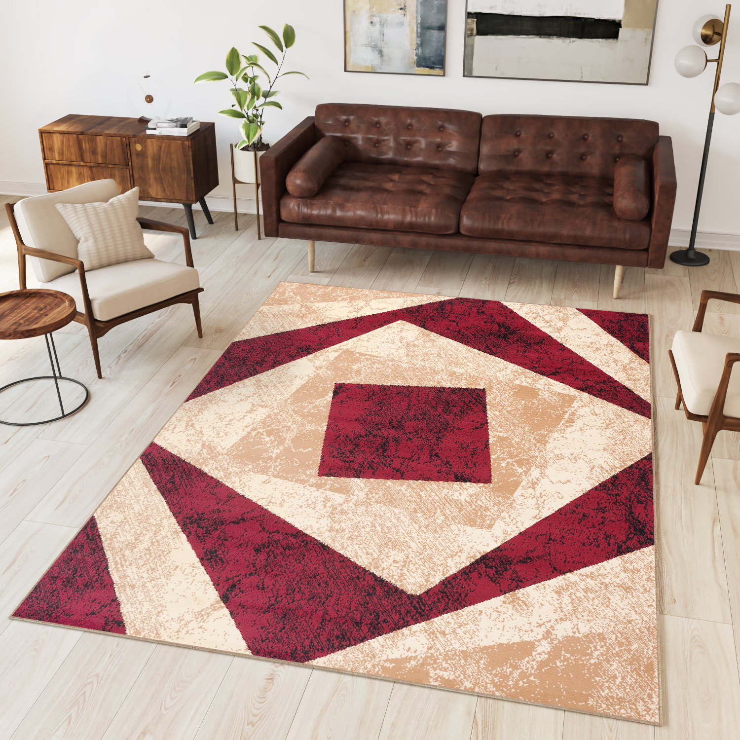 Area Rug Dream Geometric Cream Red Squares