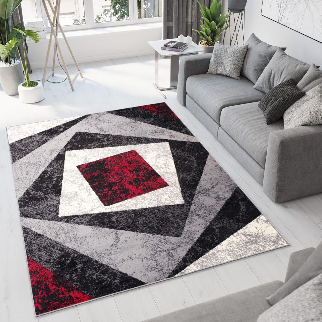 Area Rug Dream Geometric Grey Red Squares