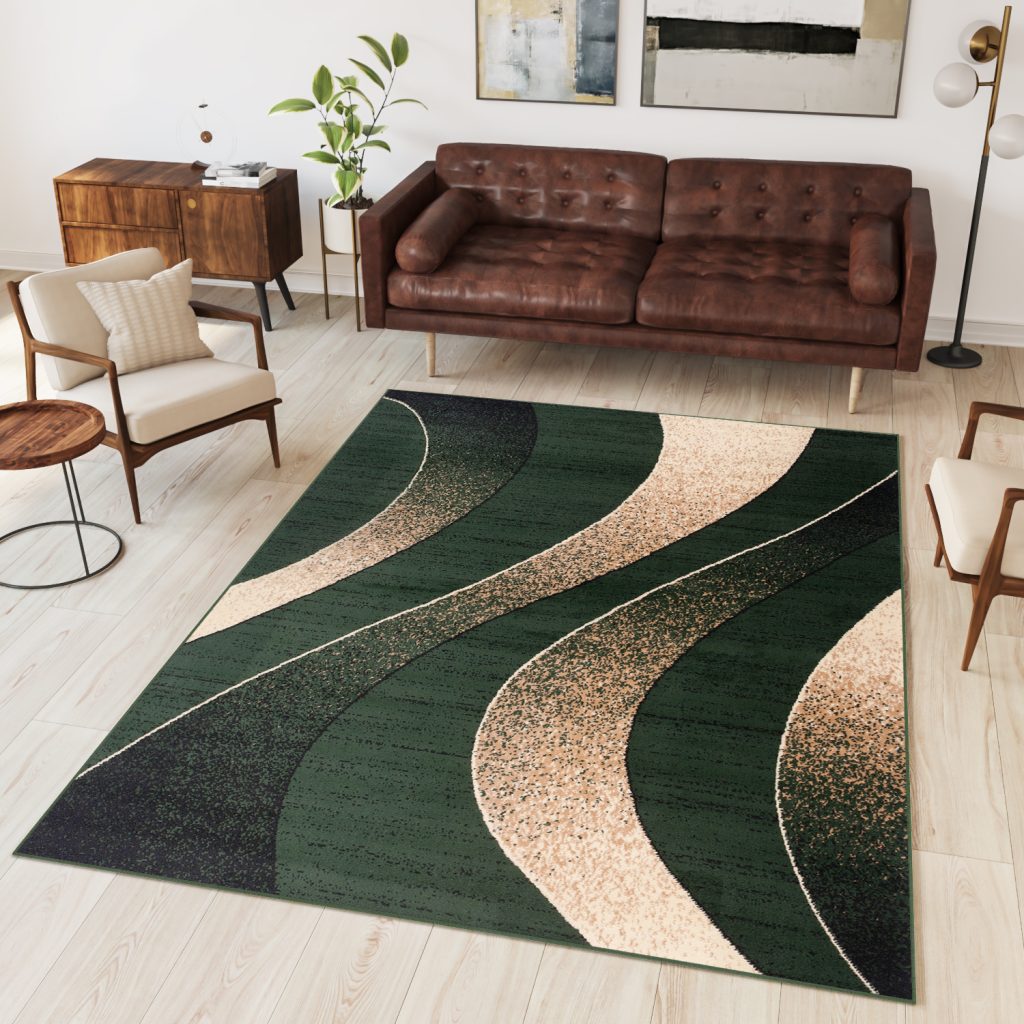 Area Rug Dream Modern Dark Green Beige Waves