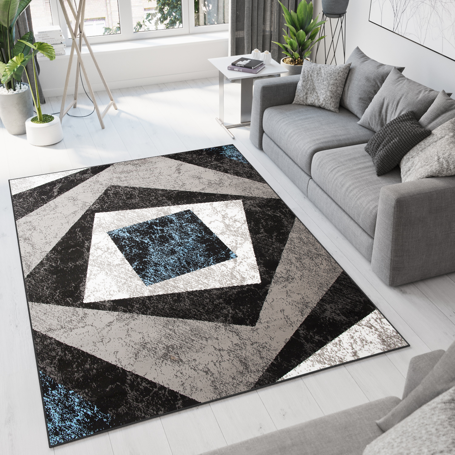 Area Rug Dream Geometric Grey Blue Squares