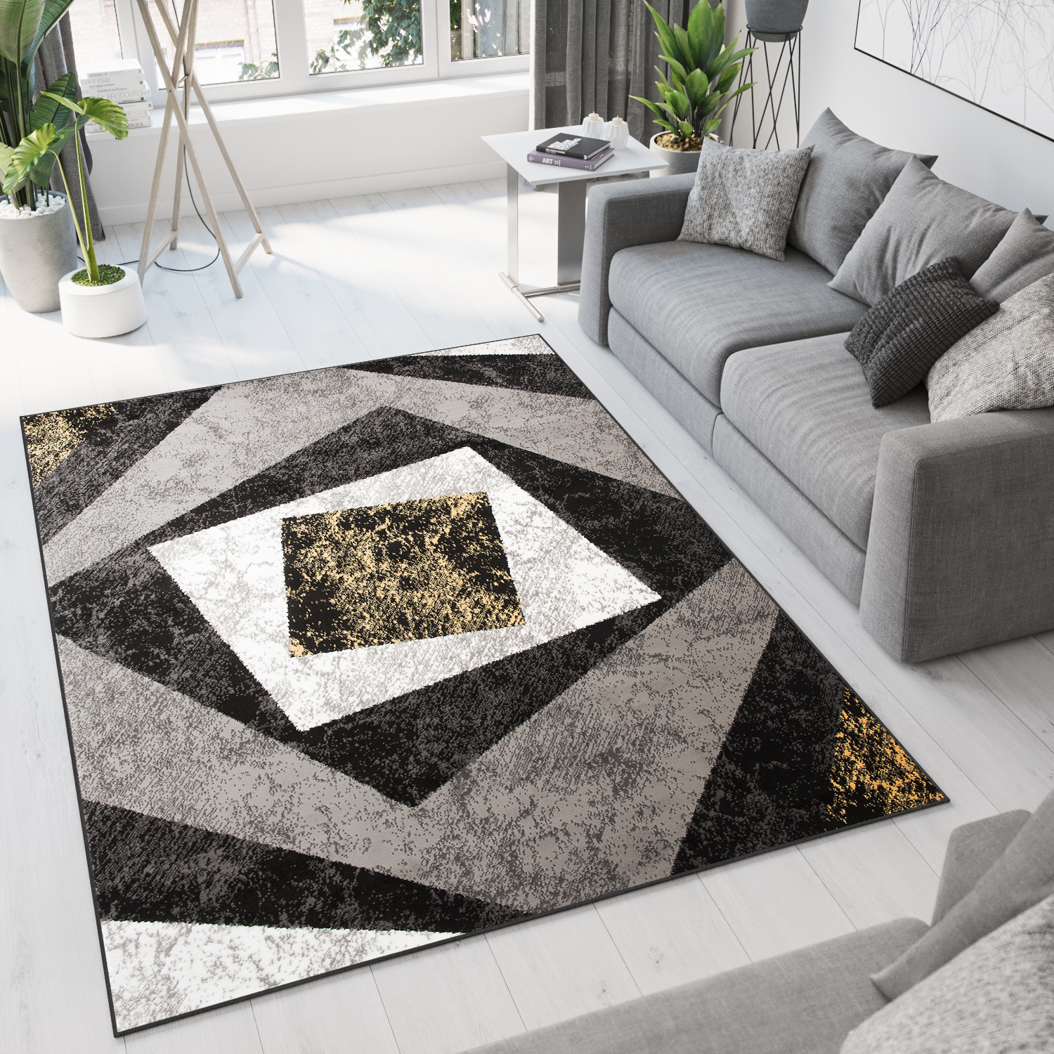 Area Rug Dream Geometric Grey Yellow Squares