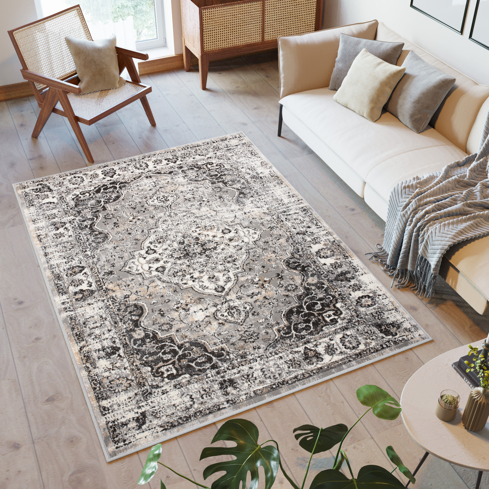 Area Rug Valley Anthracite Beige Vintage Rosette