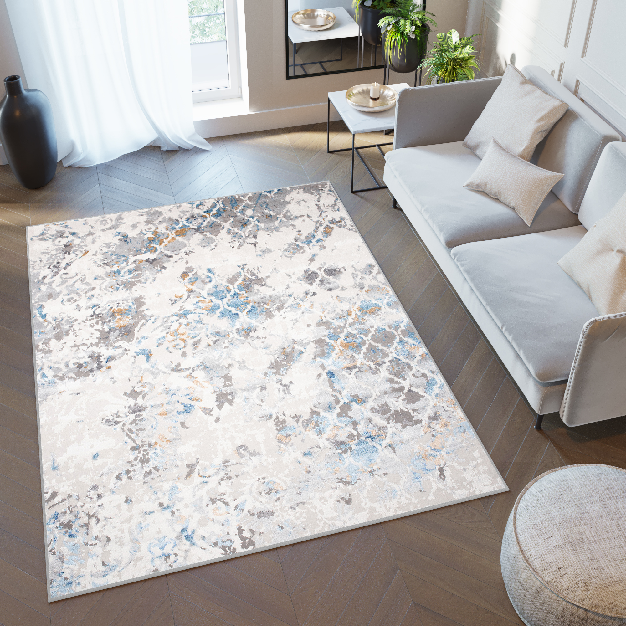 Area Rug Valley Grey White Blue Vintage Flecked Trellis