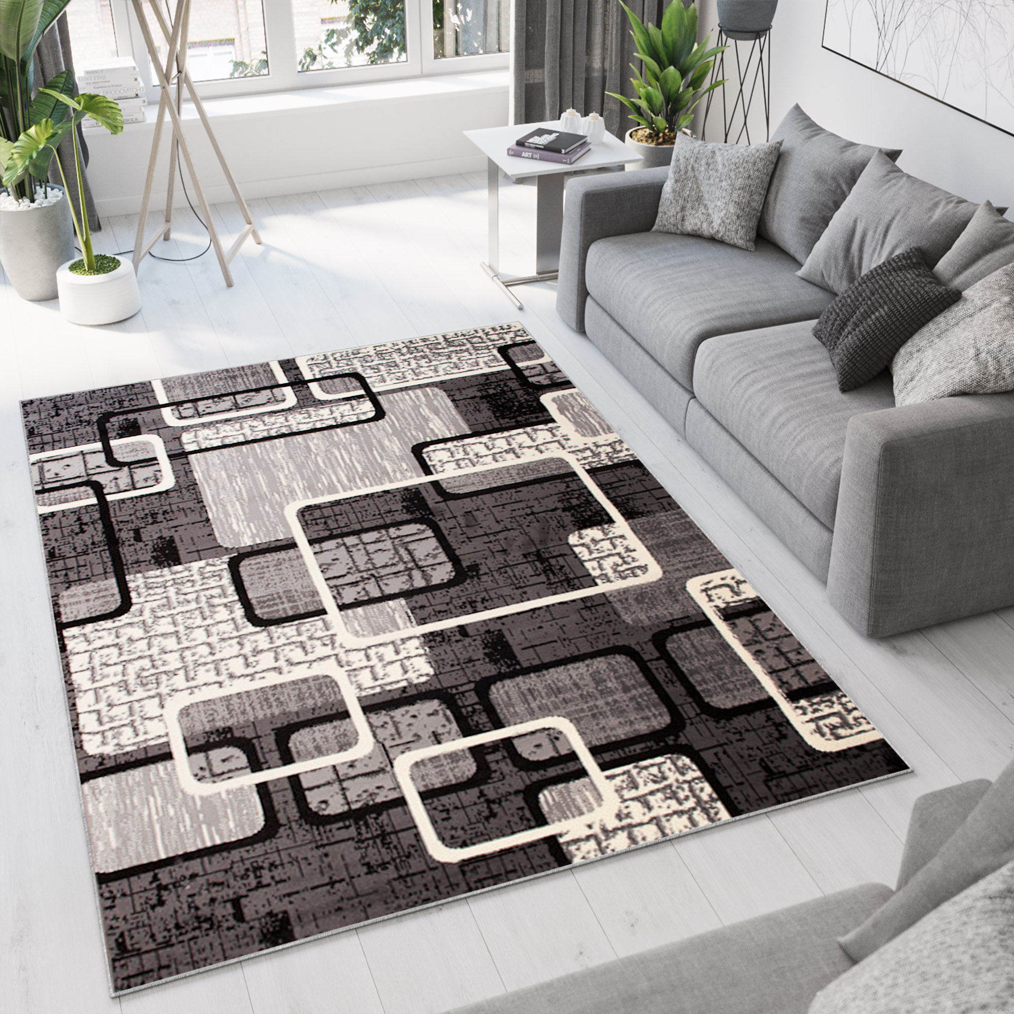 Area Rug Dream Grey Black Geometric Rectangles
