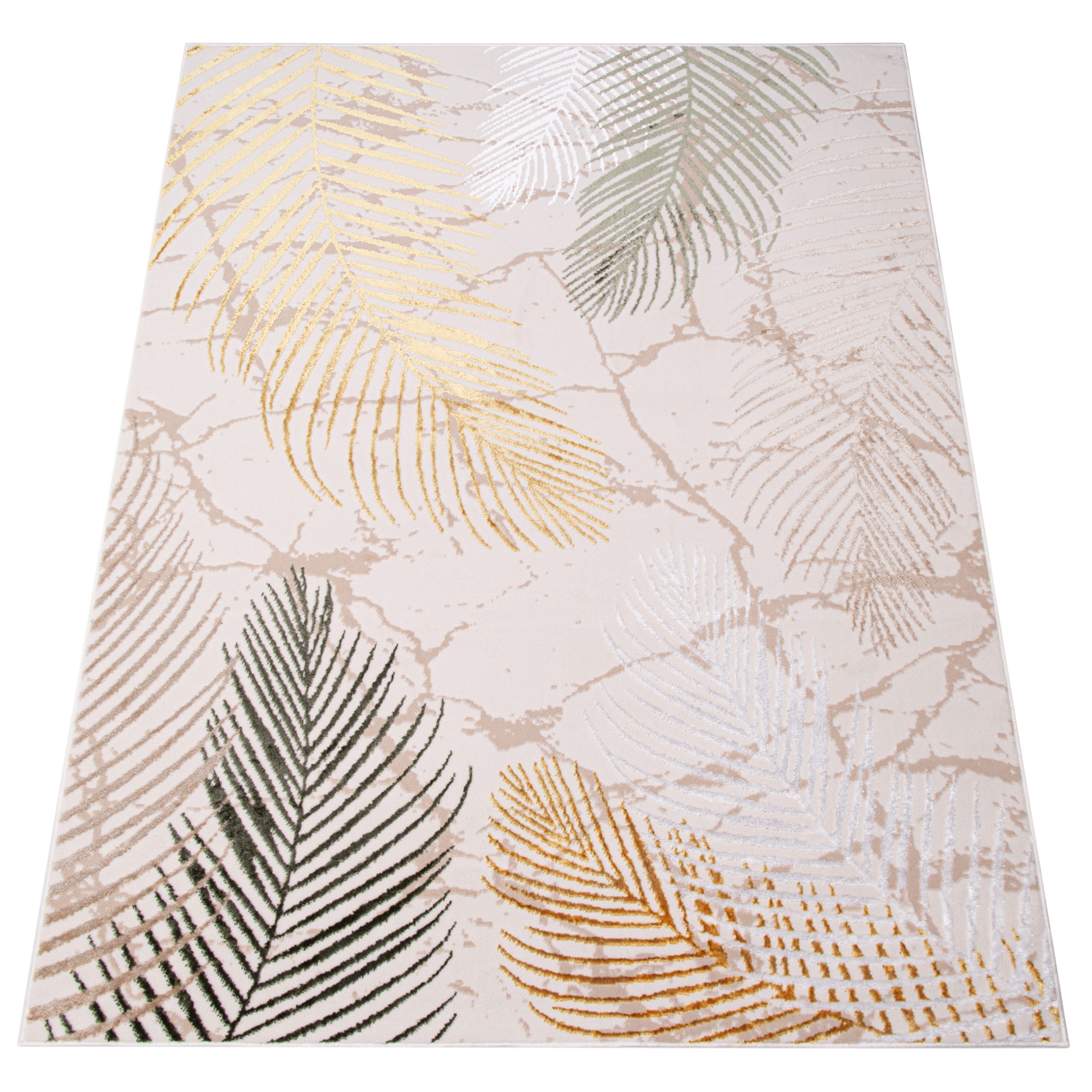 Area Rug Crystal Green Gold Cream Leaves 3D Effect