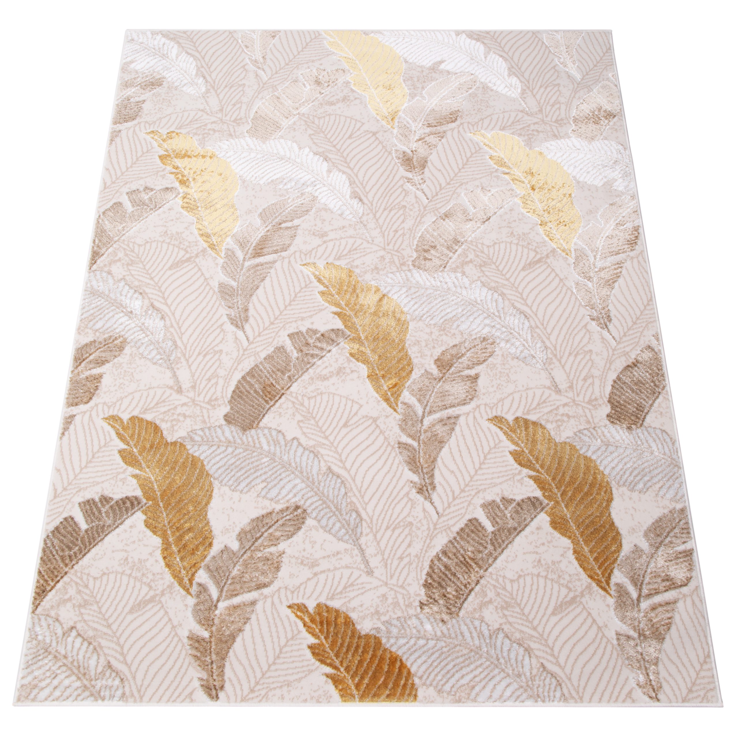Area Rug Crystal Gold Brown Beige Leaves 3D Effect