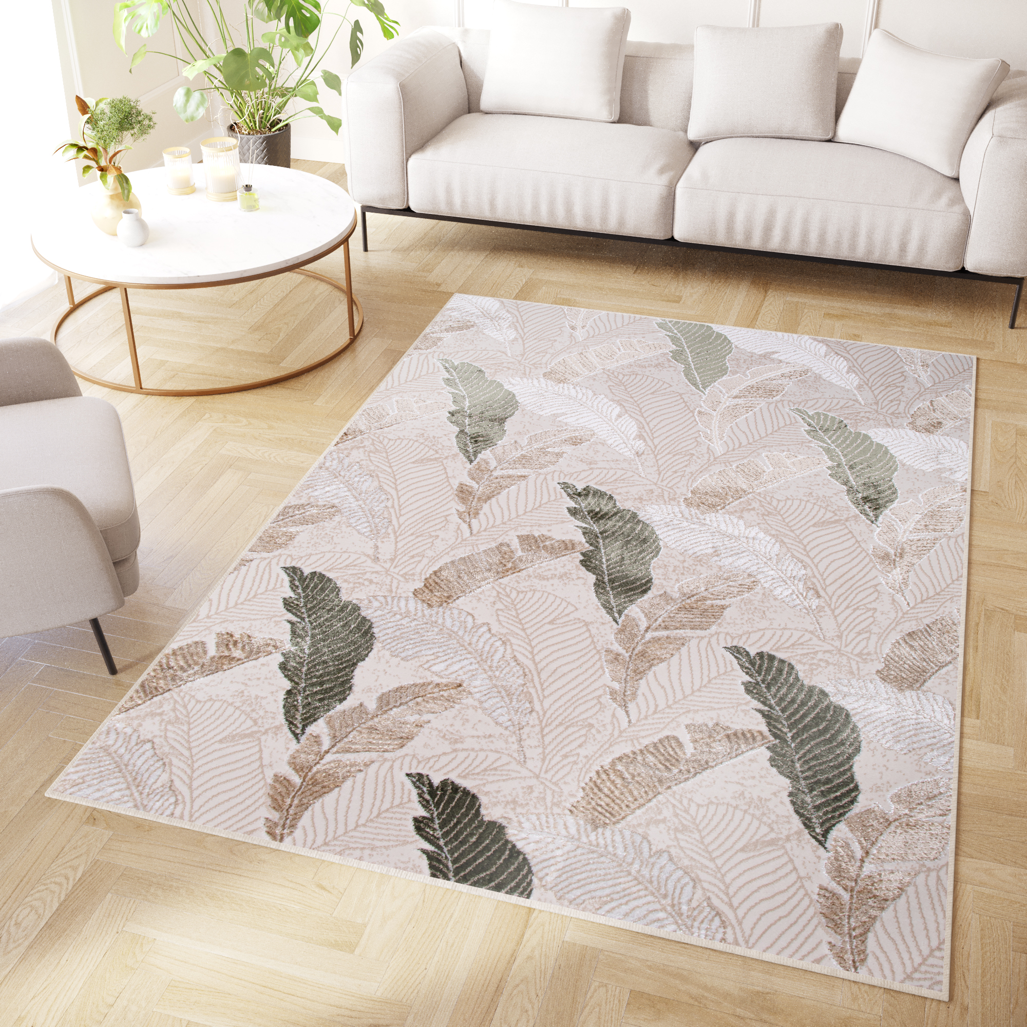 Area Rug Crystal Green Brown Beige Leaves 3D Effect