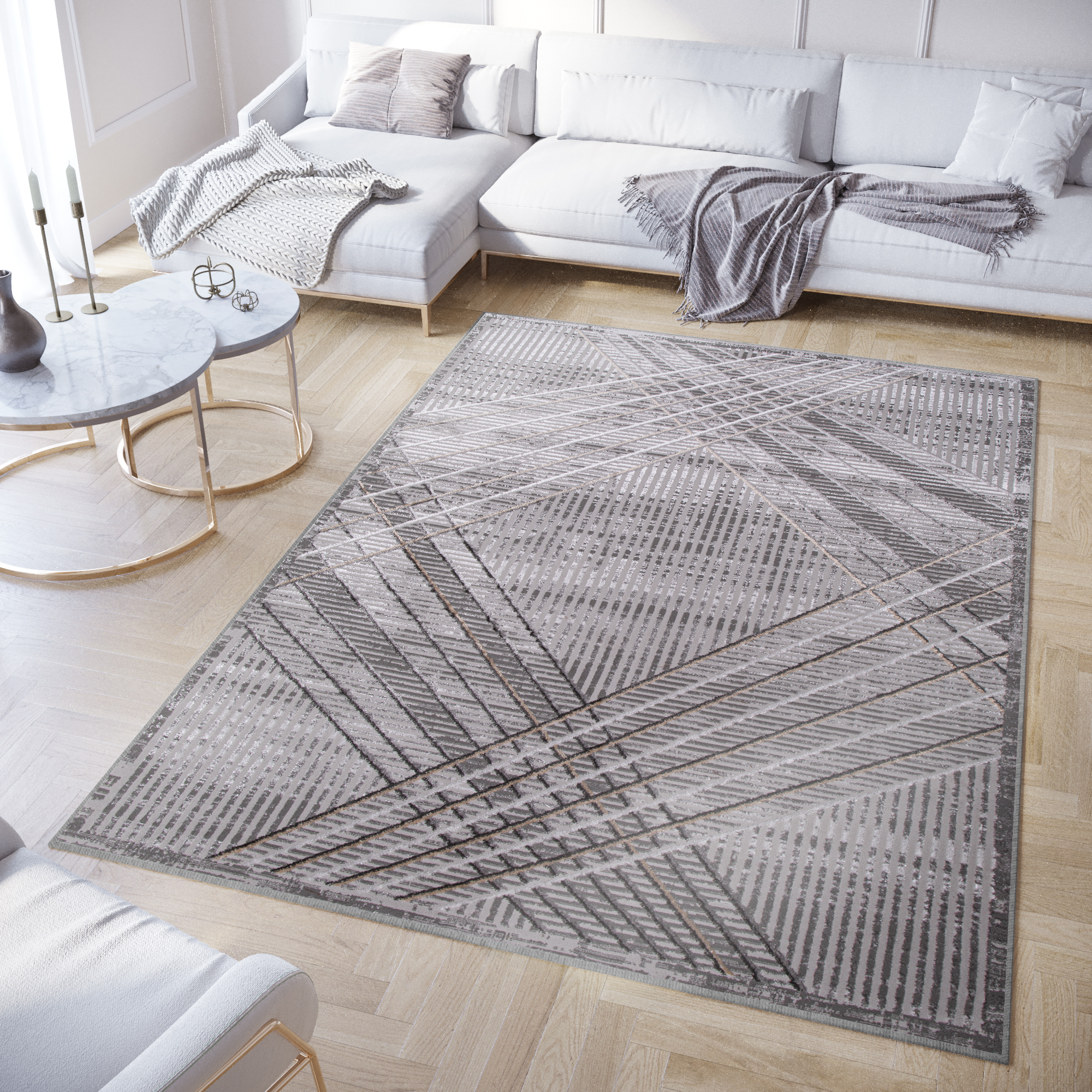 Area Rug Crystal Light Grey Beige Geometric 3D Effect
