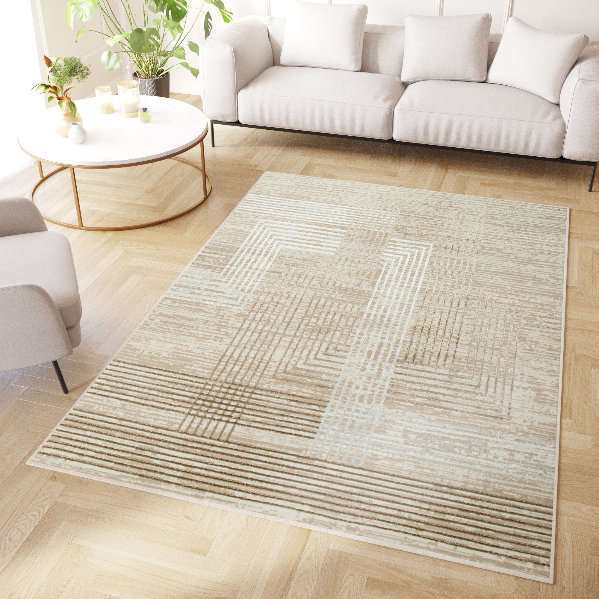 Area Rug Crystal Beige Brown Cream Stripes 3D Effect