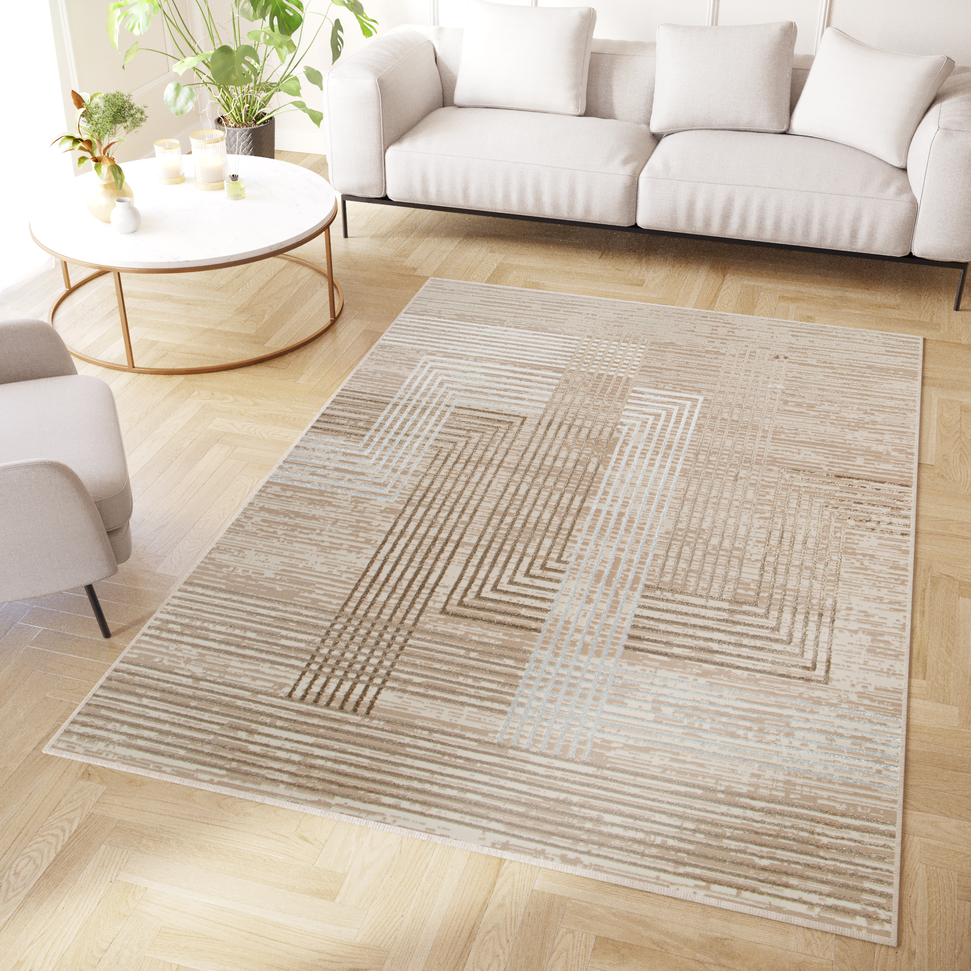 Area Rug Crystal Brown Beige Cream Stripes 3D Effect