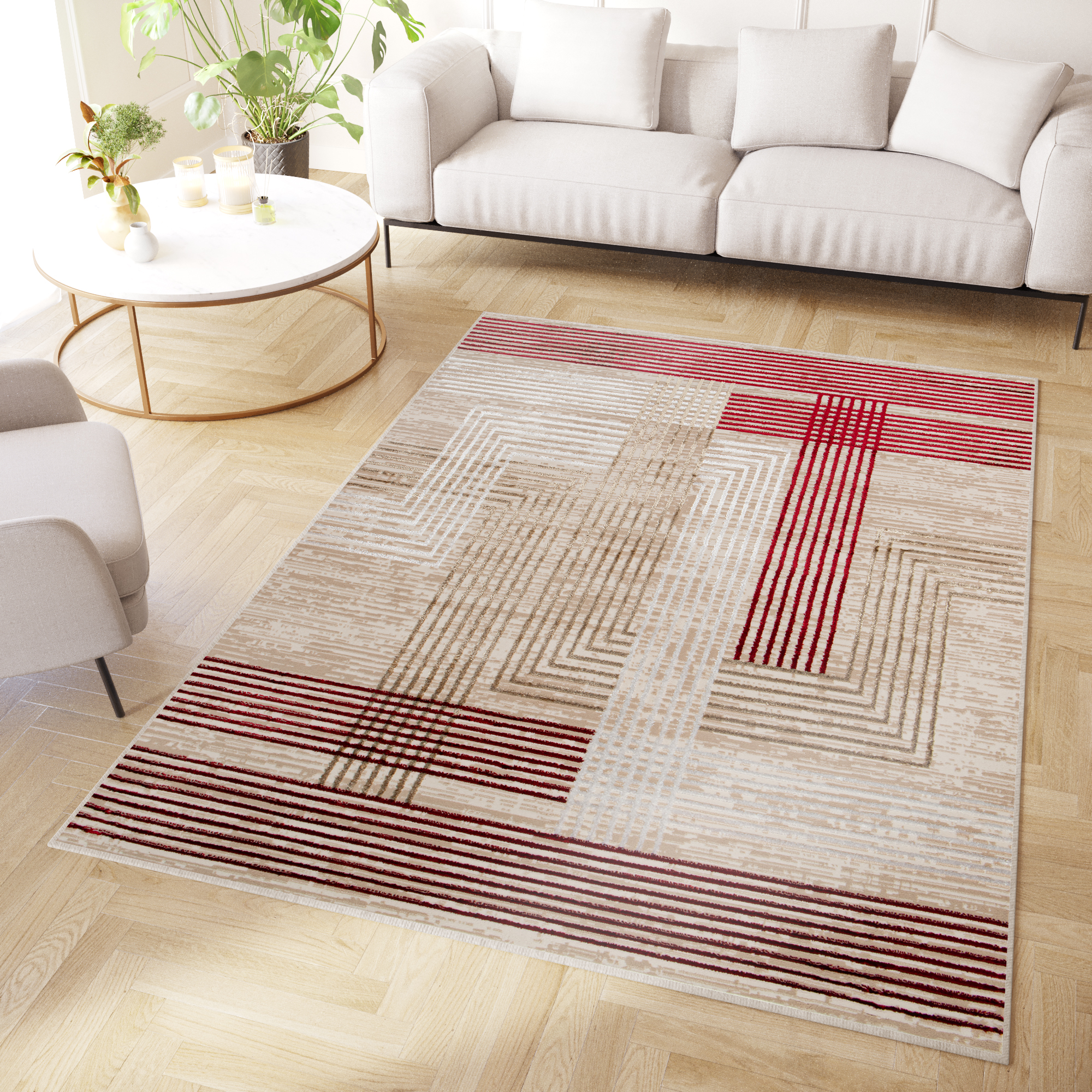 Area Rug Crystal Red Beige Cream Stripes 3D Effect