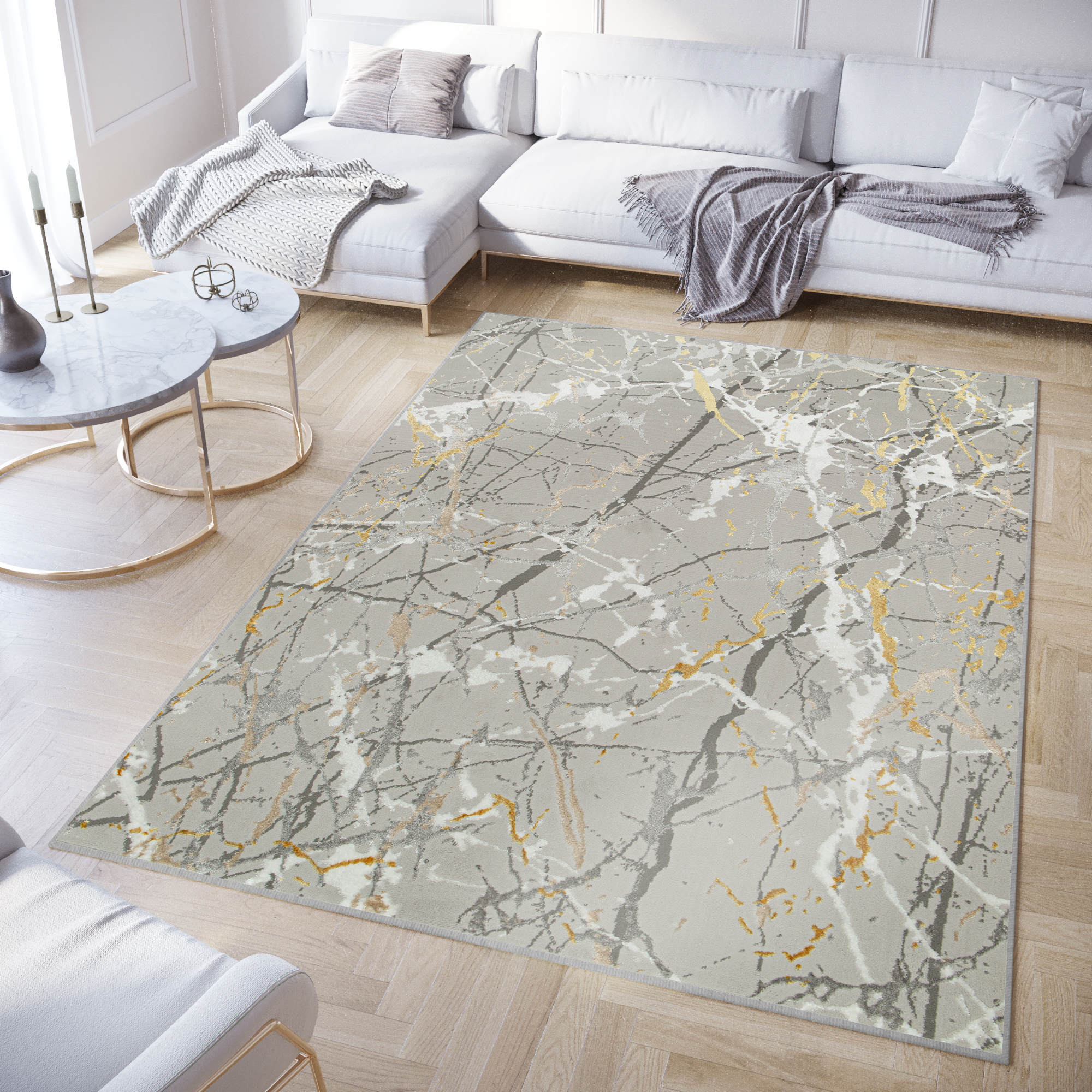 Area Rug Crystal Grey Gold Abstract Marble 3D Effect