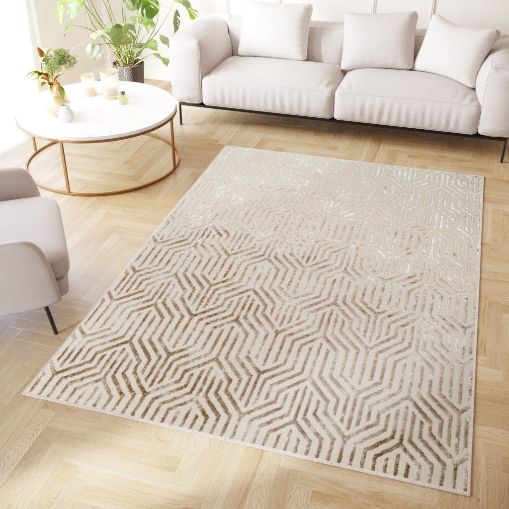 Area Rug Crystal Brown Cream Beige Lines 3D Effect