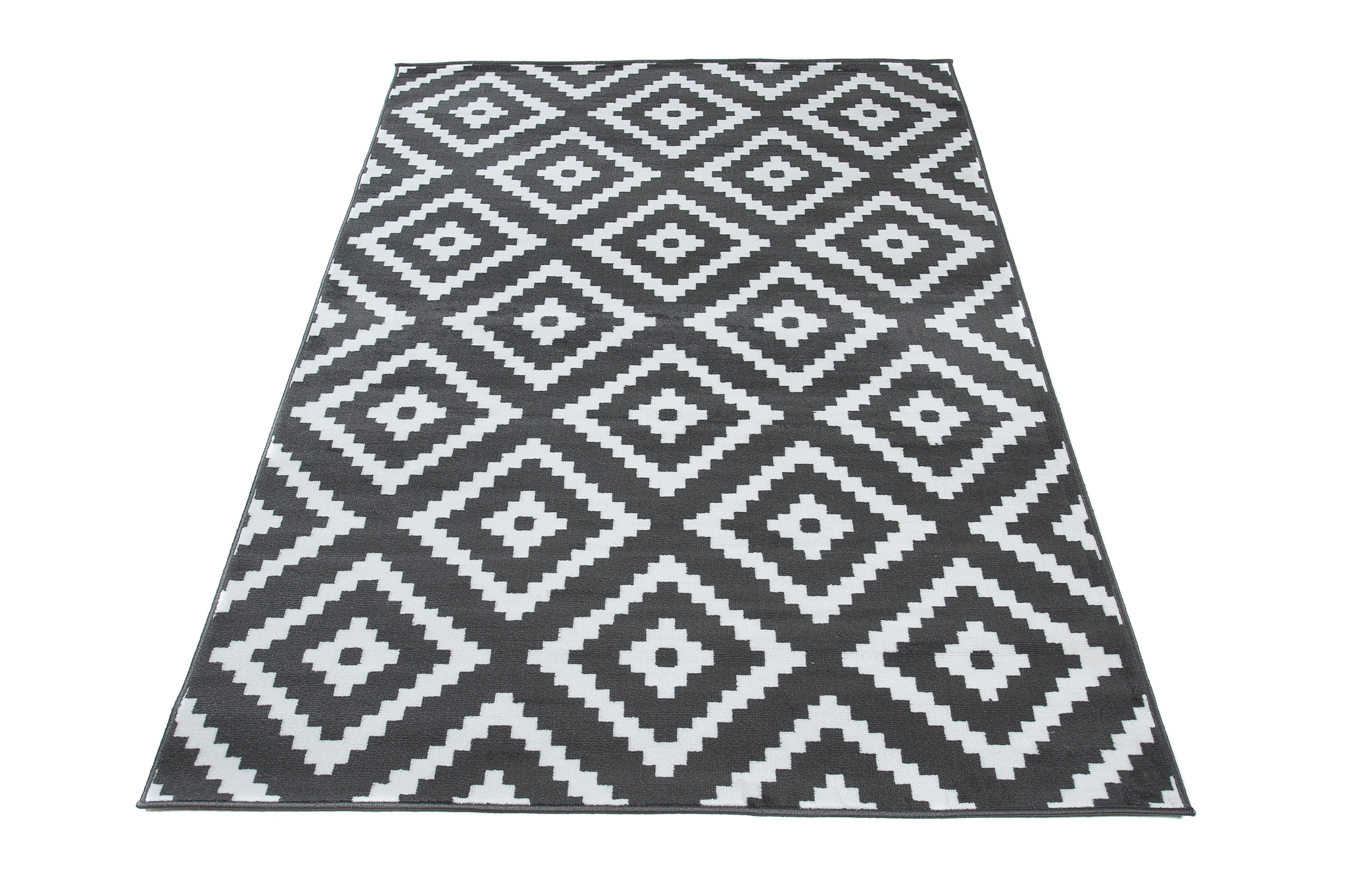 Area Rug Luxury Short Pile Diamond Dark Grey White