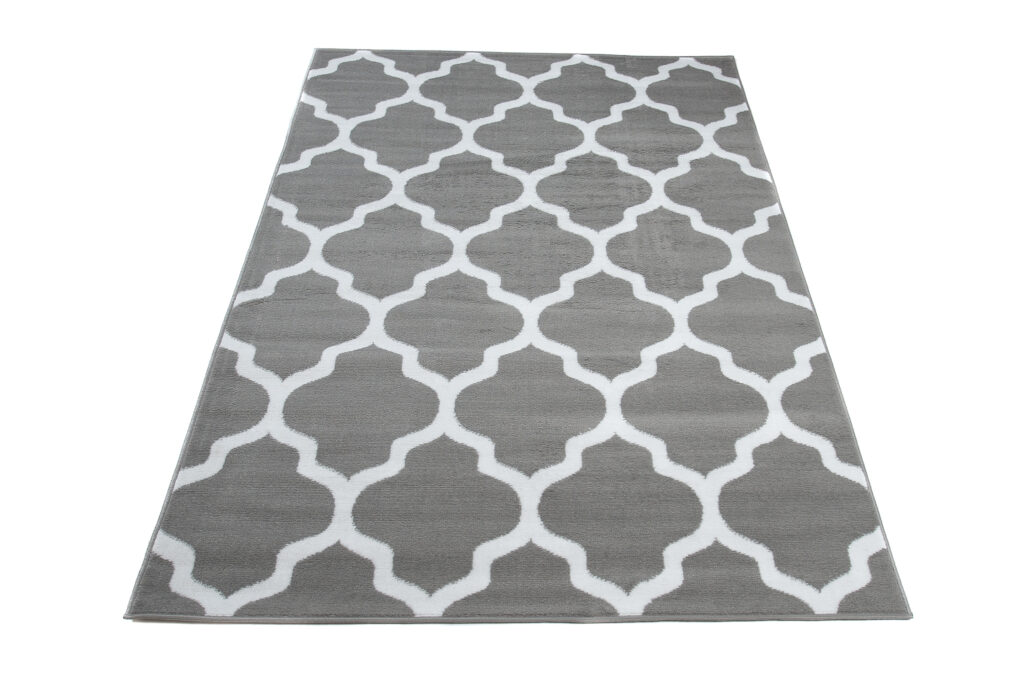 Area Rug Luxury Short Pile Trellis Moroccan Grey White