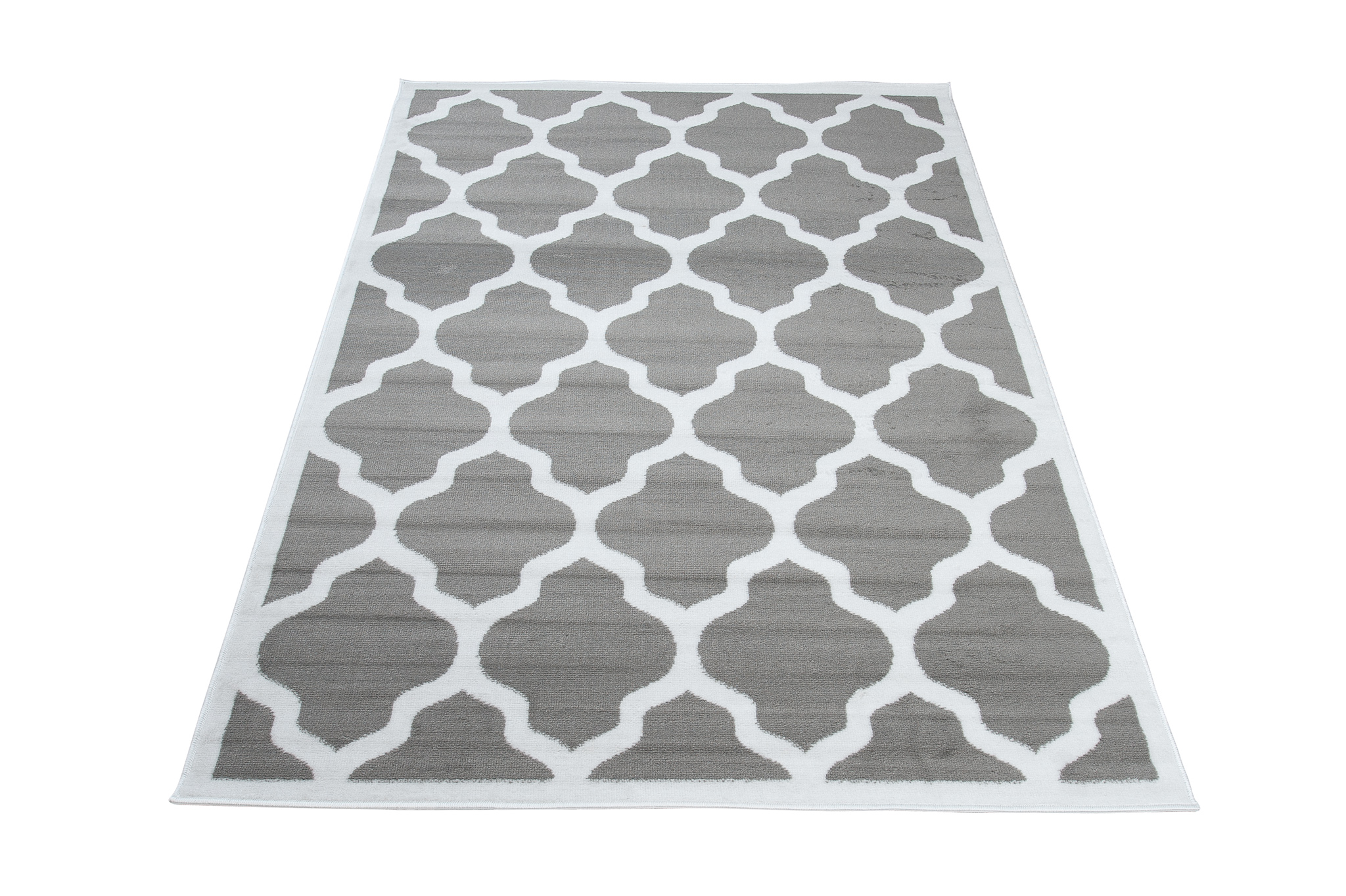 Area Rug Luxury Short Pile Moroccan Trellis Grey White