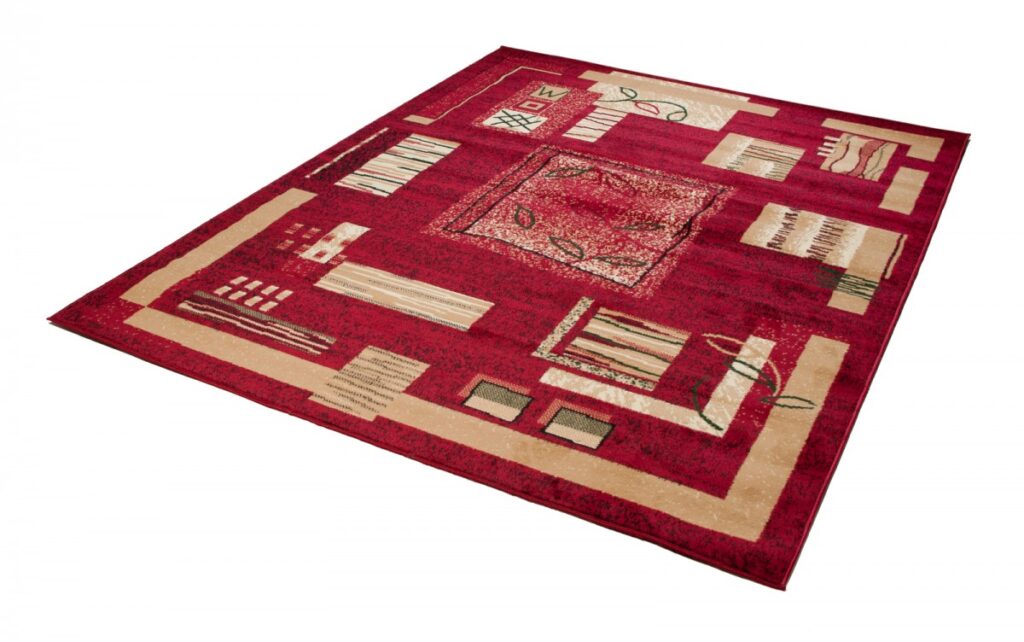 Area Rug Atlas Short Pile Leaves Geometric Red Beige