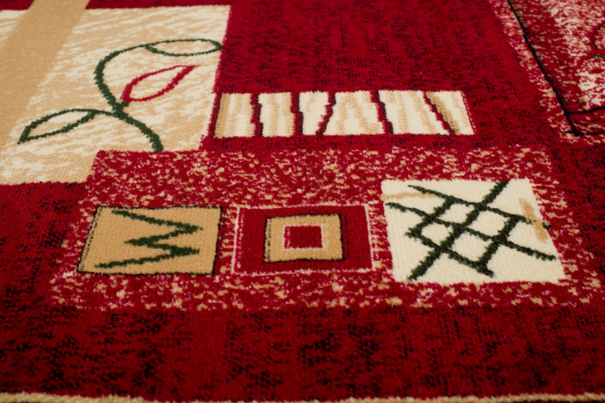 Area Rug Atlas Short Pile Leaves Geometric Red Beige