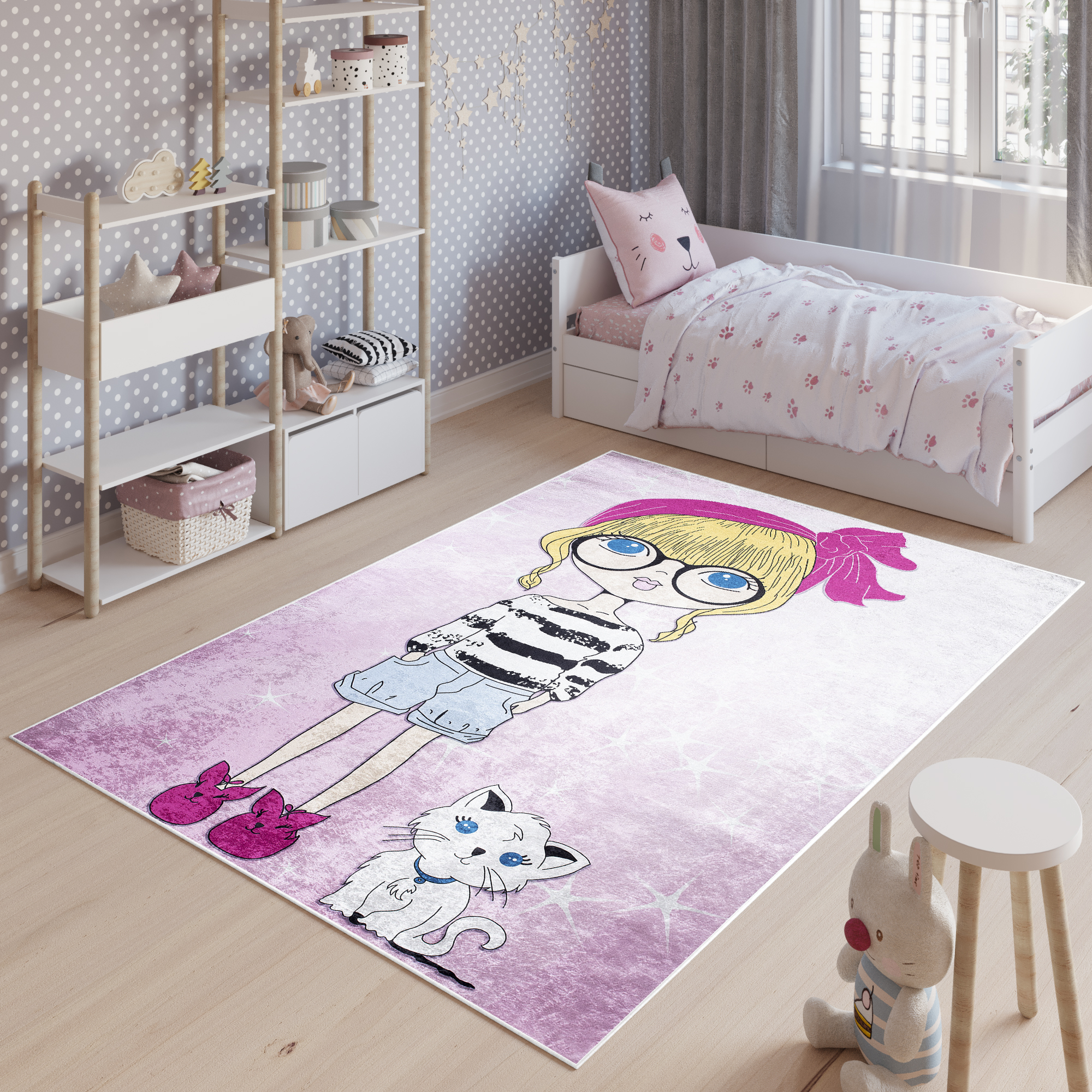 Area Rug Emma Children Pink Girl Cat Anti-Slip