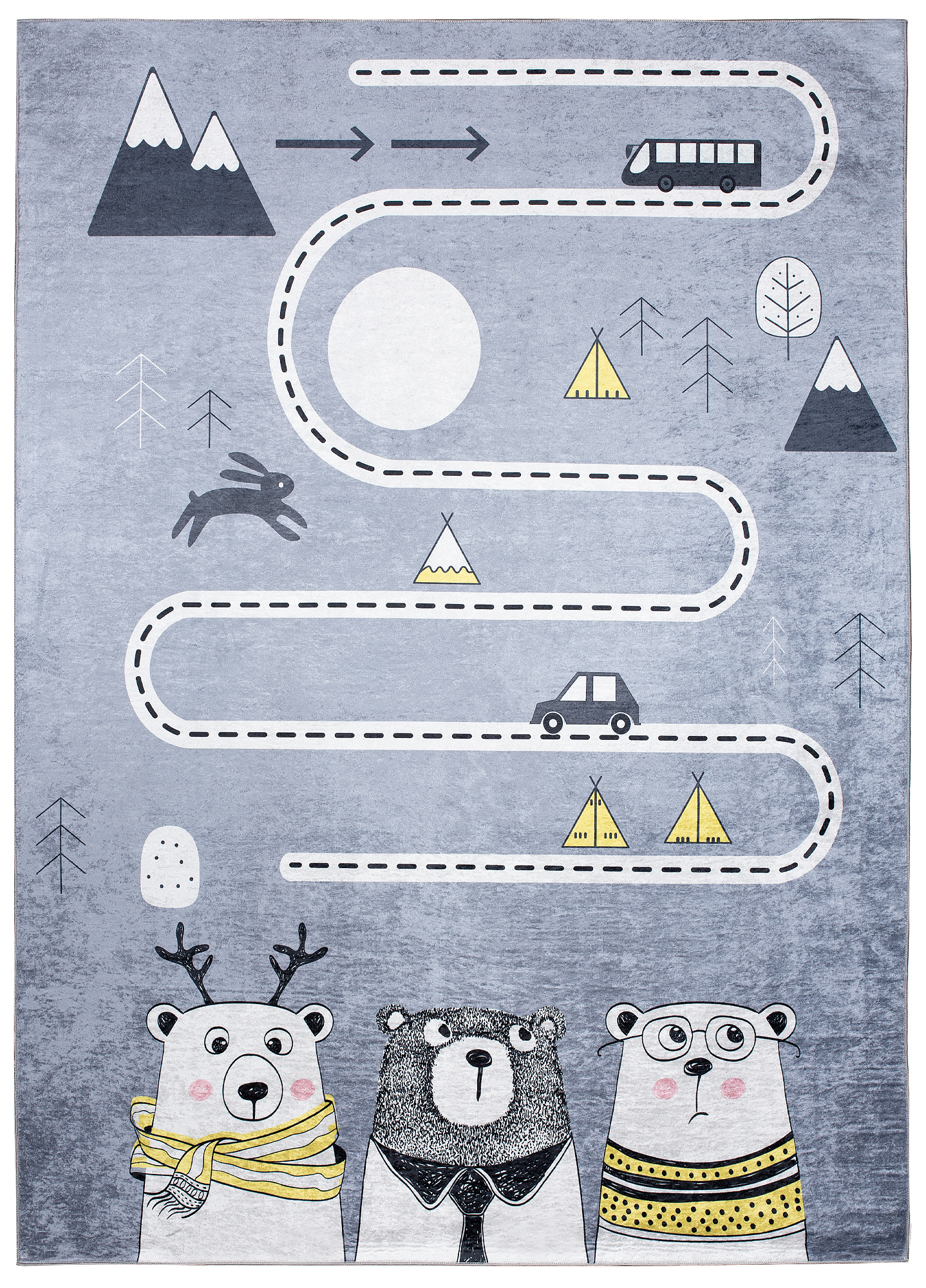 Area Rug Emma Children Grey Bears Street Anti-Slip