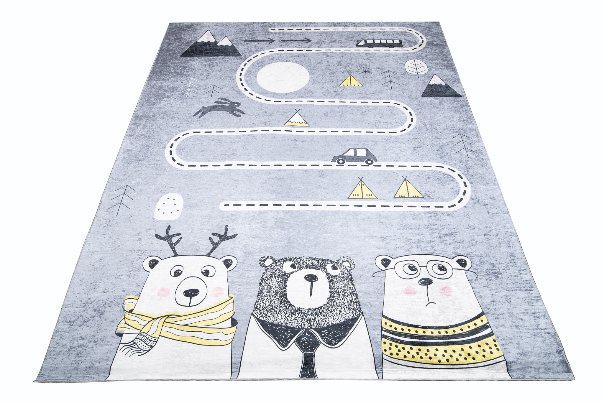 Area Rug Emma Children Grey Bears Street Anti-Slip
