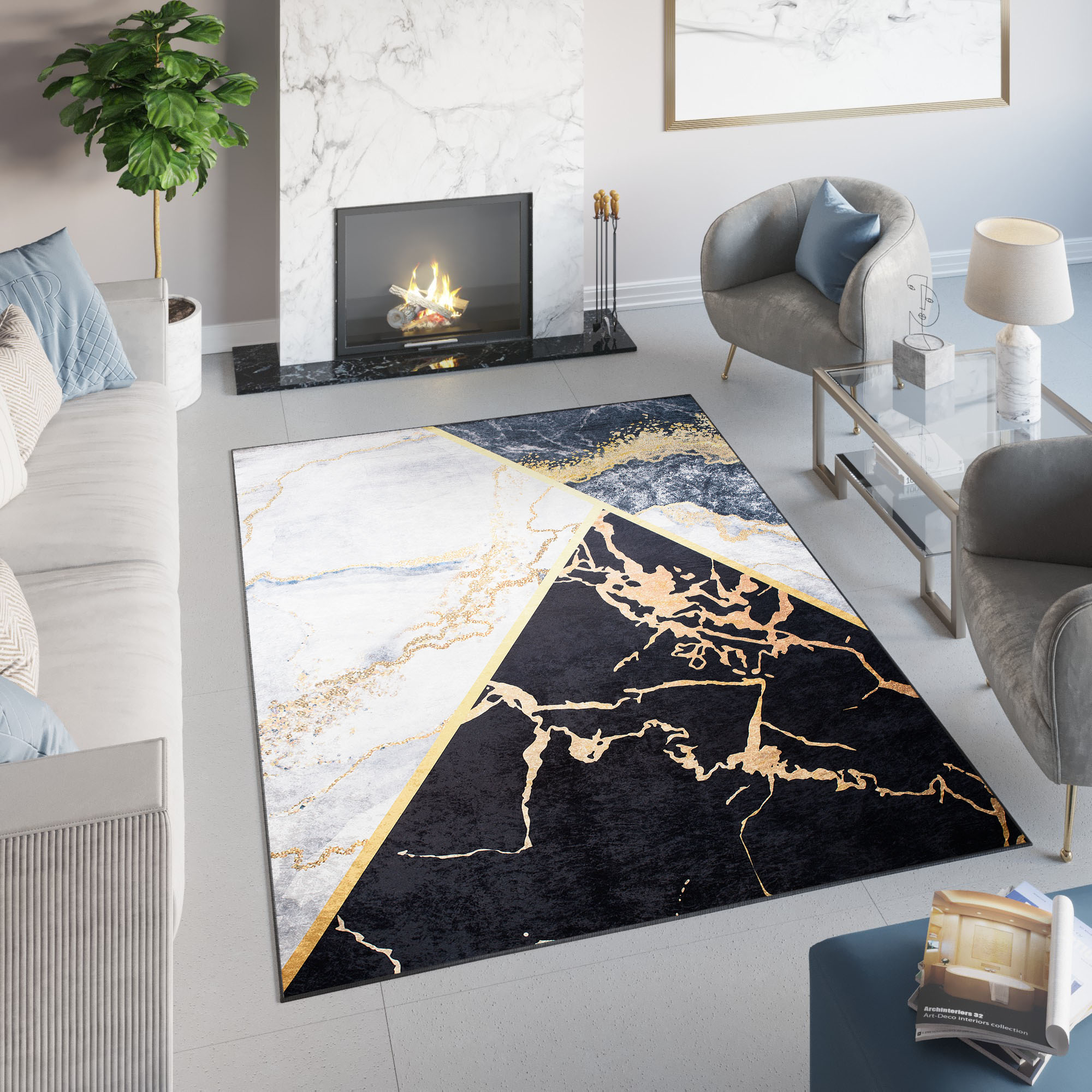 Area Rug Toscana Black Grey Gold Marble