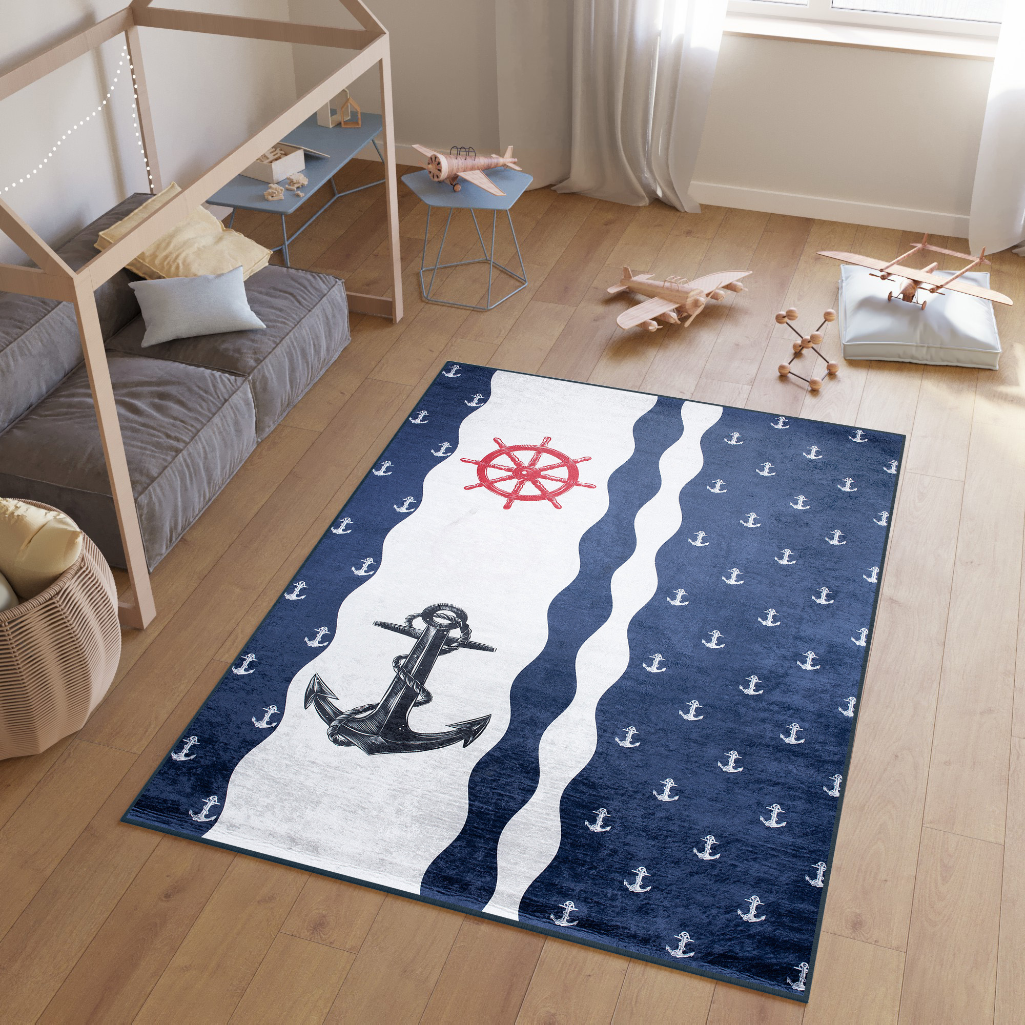 Area Rug Emma Children Navy White Anchor Anti-Slip