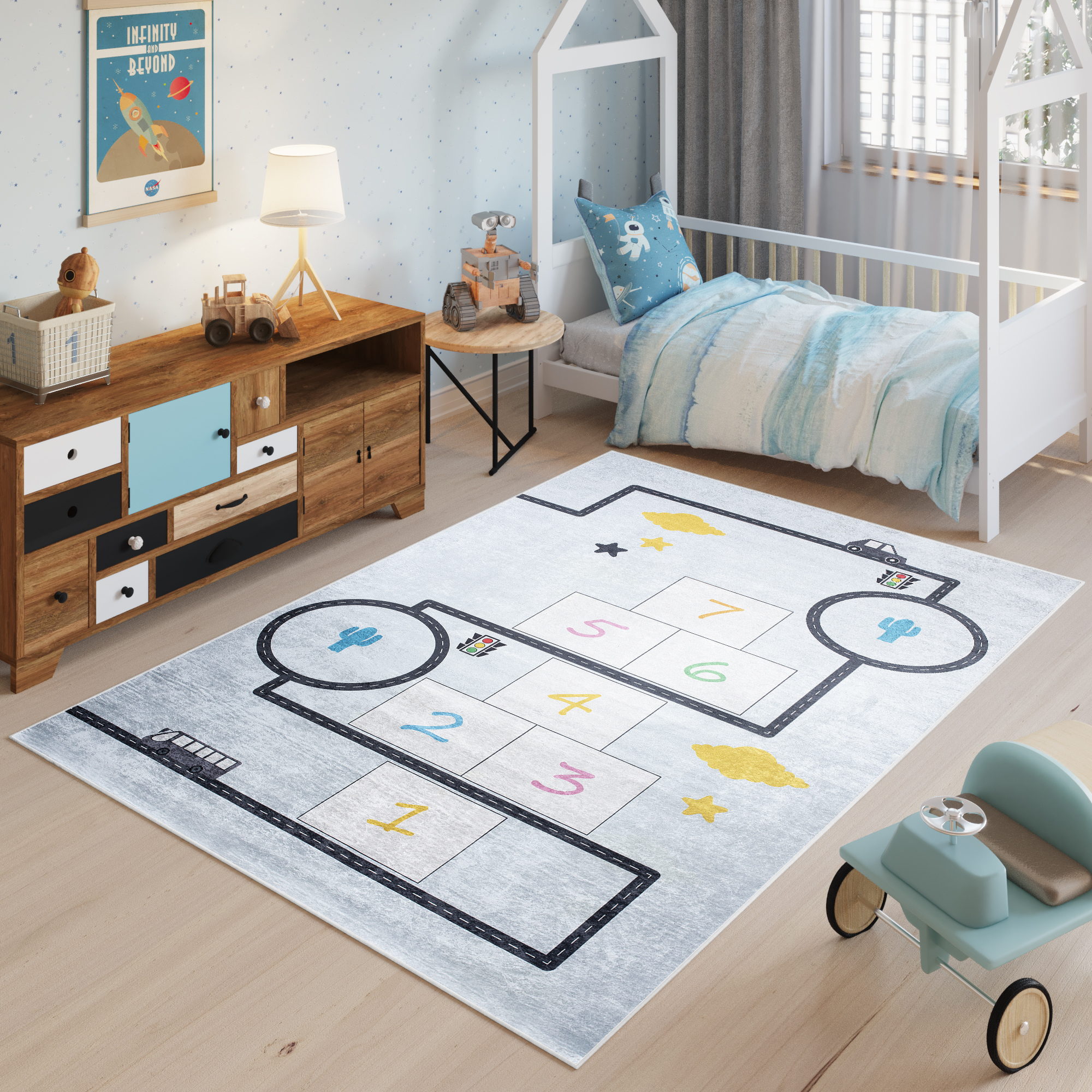 Area Rug Emma Children Blue Grey Hopscotch Anti-Slip