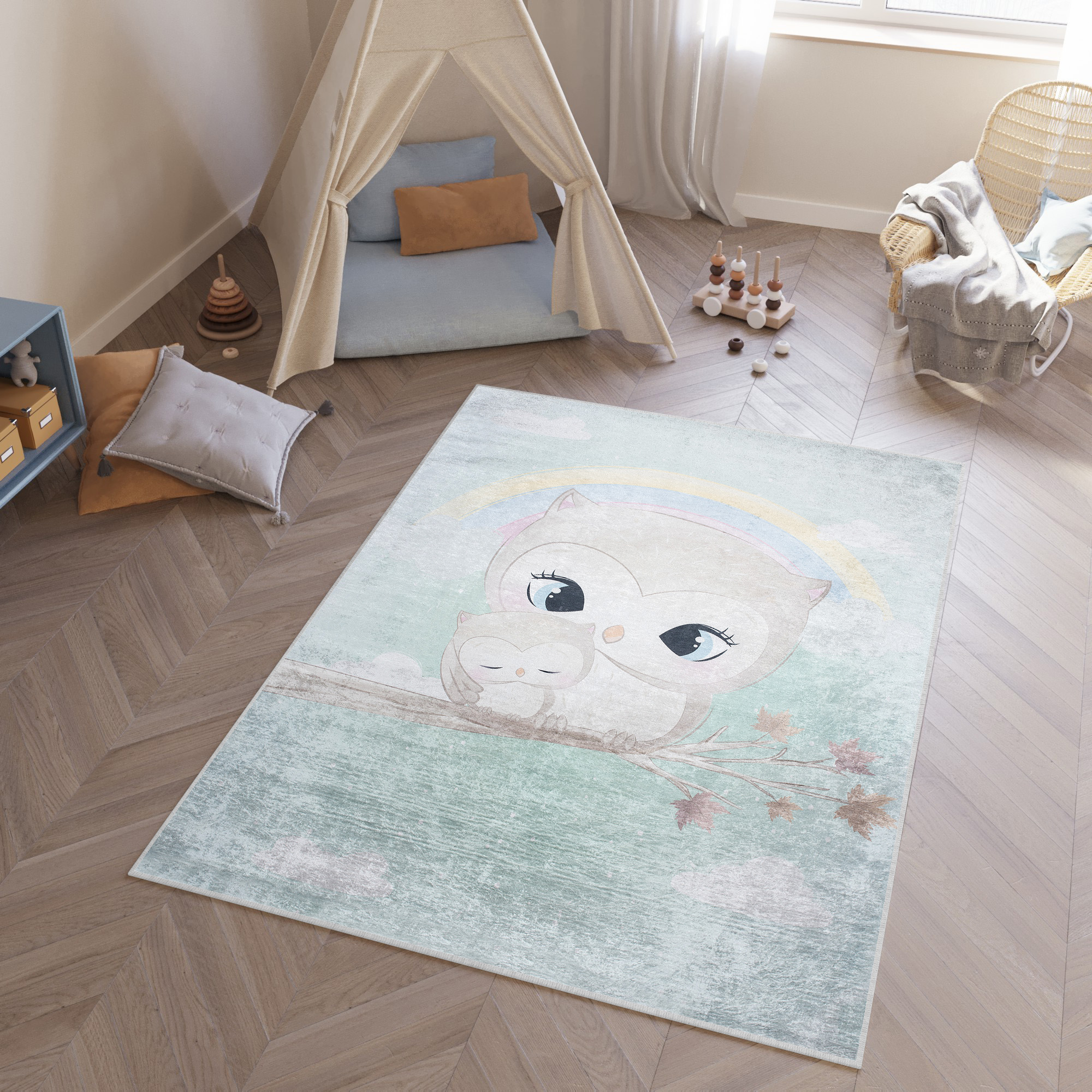 Area Rug Emma Children Turquoise Owl Anti-Slip