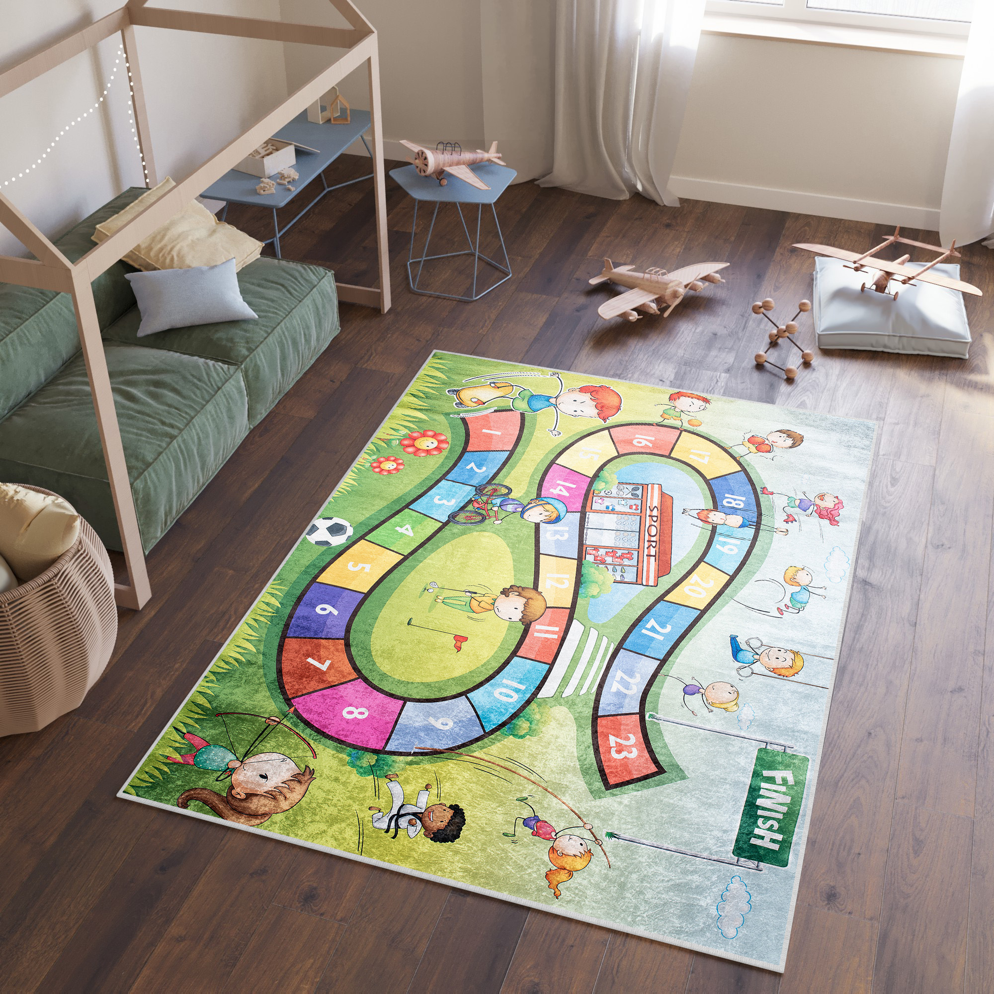 Area Rug Emma Children Green Race Anti-Slip