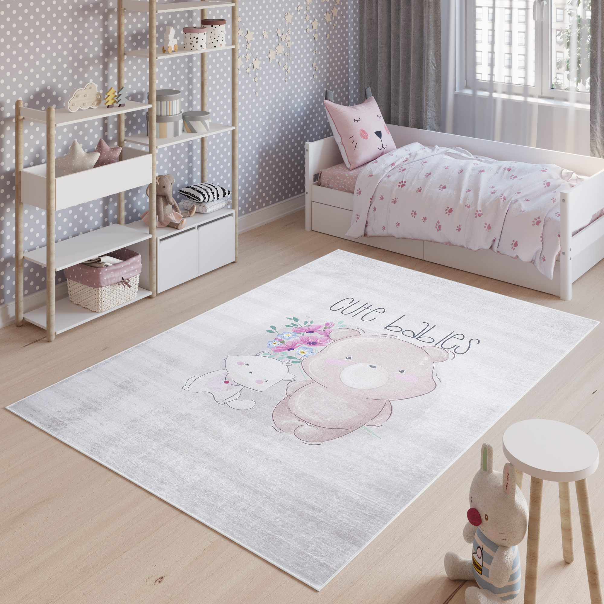 Area Rug Emma Children Grey Bear Cat Anti-Slip