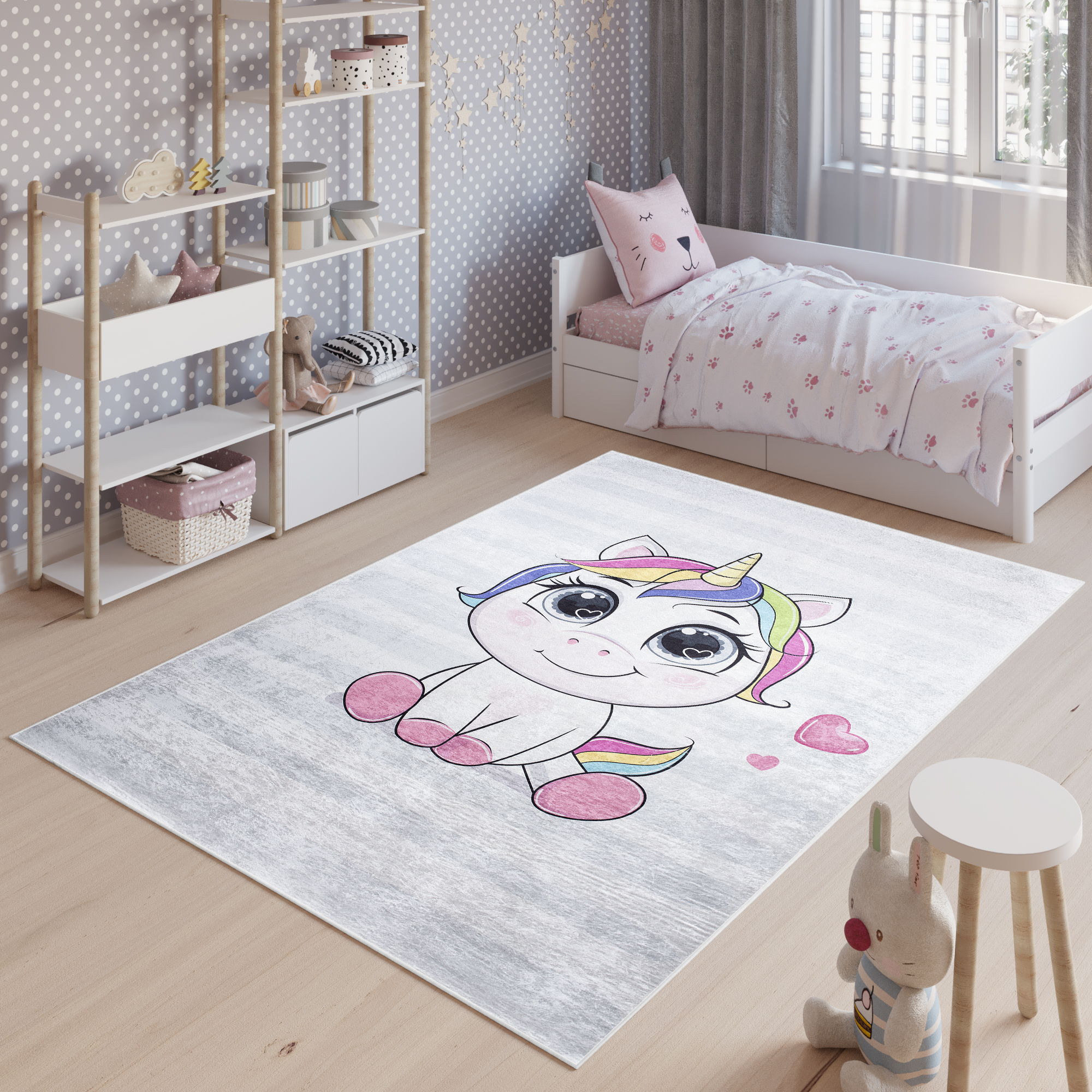 Area Rug Emma Children Grey Unicorn Anti-Slip