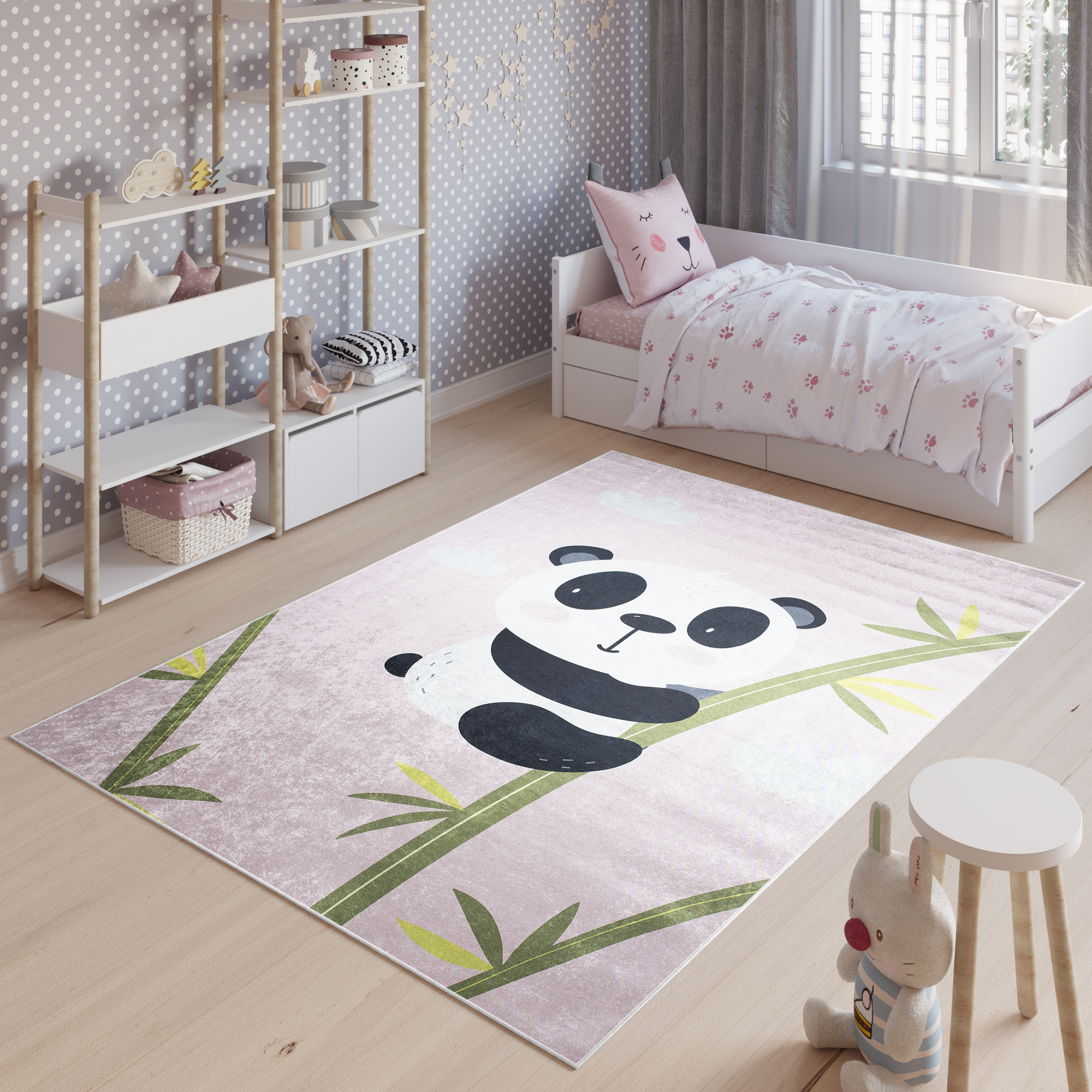 Area Rug Emma Anti-Slip Washable Pink Panda Bamboo