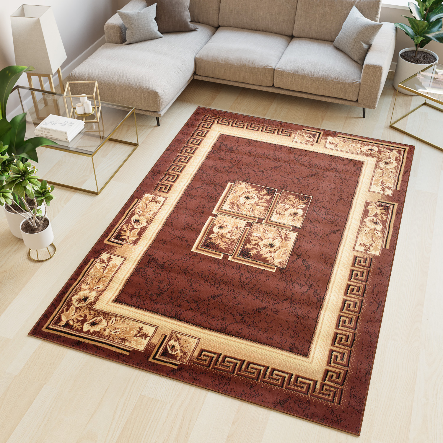 Area Rug Atlas Traditional Classic Greek Floral Brown Beige