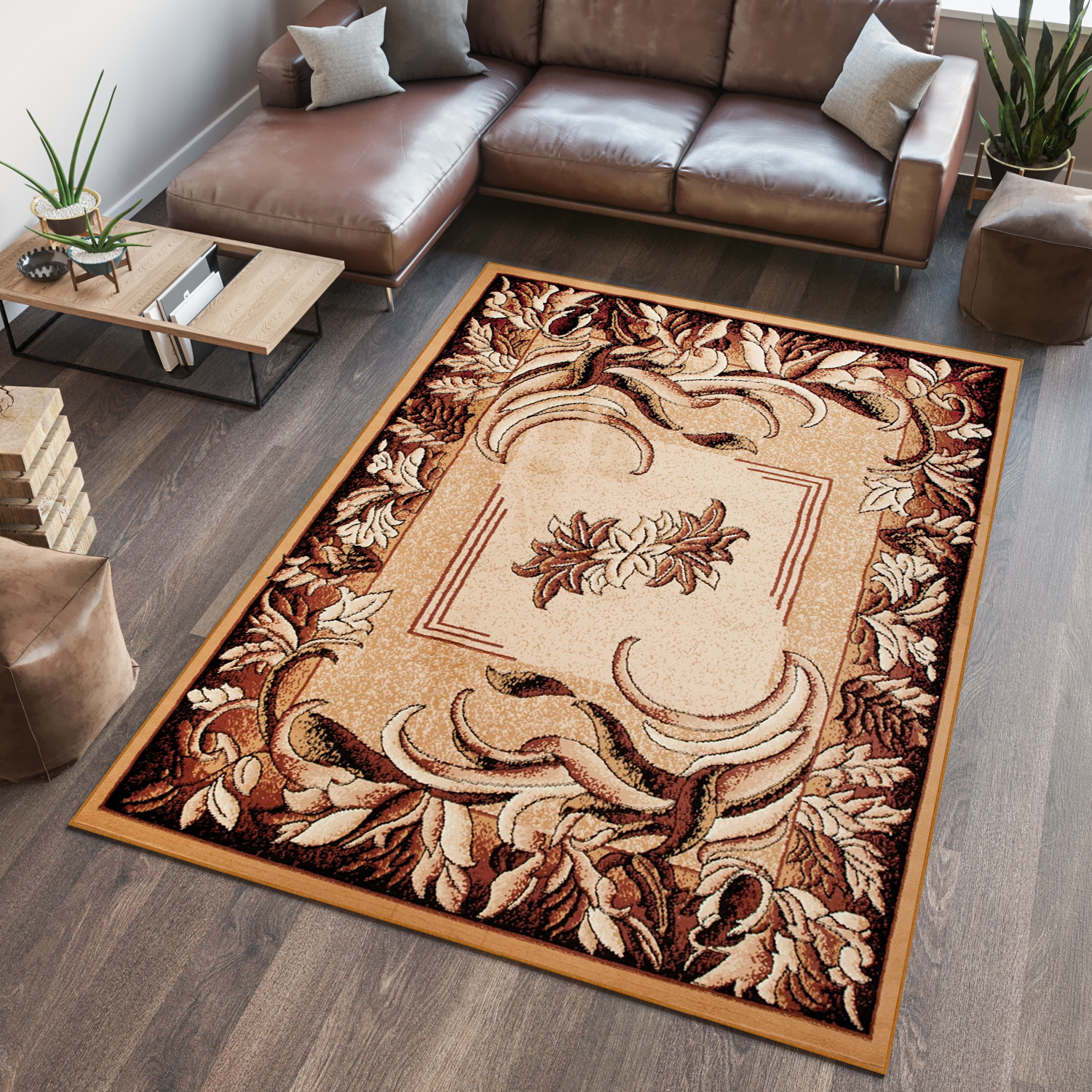 Area Rug Atlas Modern Short Pile Leaves Floral Beige