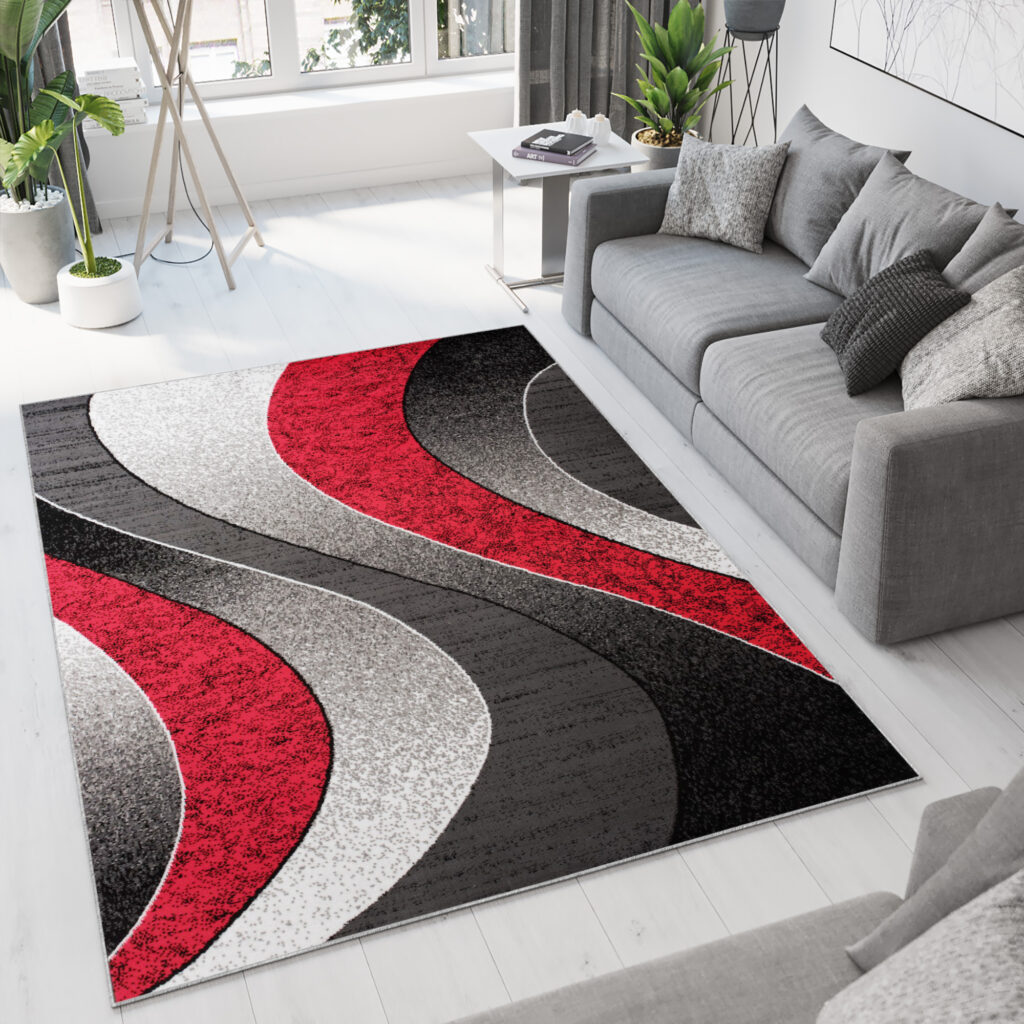 Area Rug Luxury Geometric Waves Grey Red Short Pile