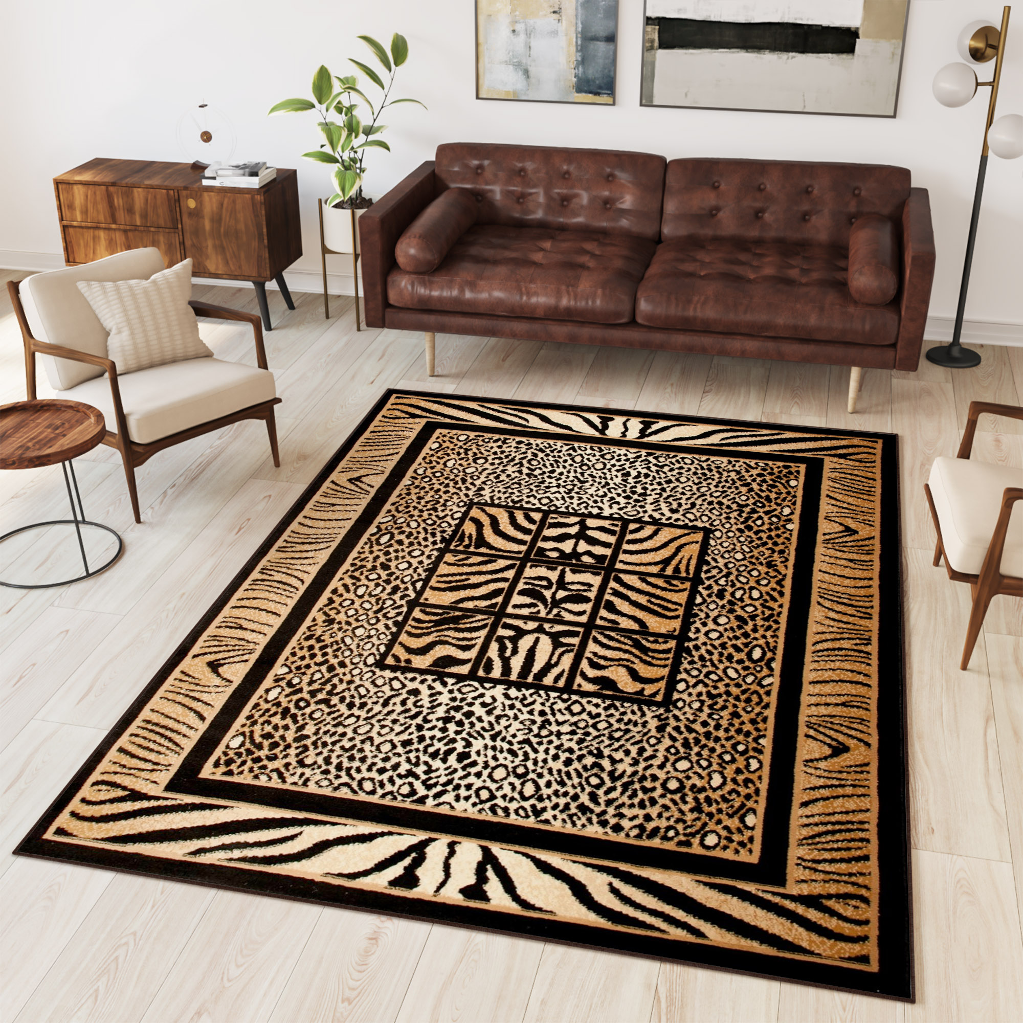 Area Rug Atlas Short Pile Safari Tiger Leopard Beige Black