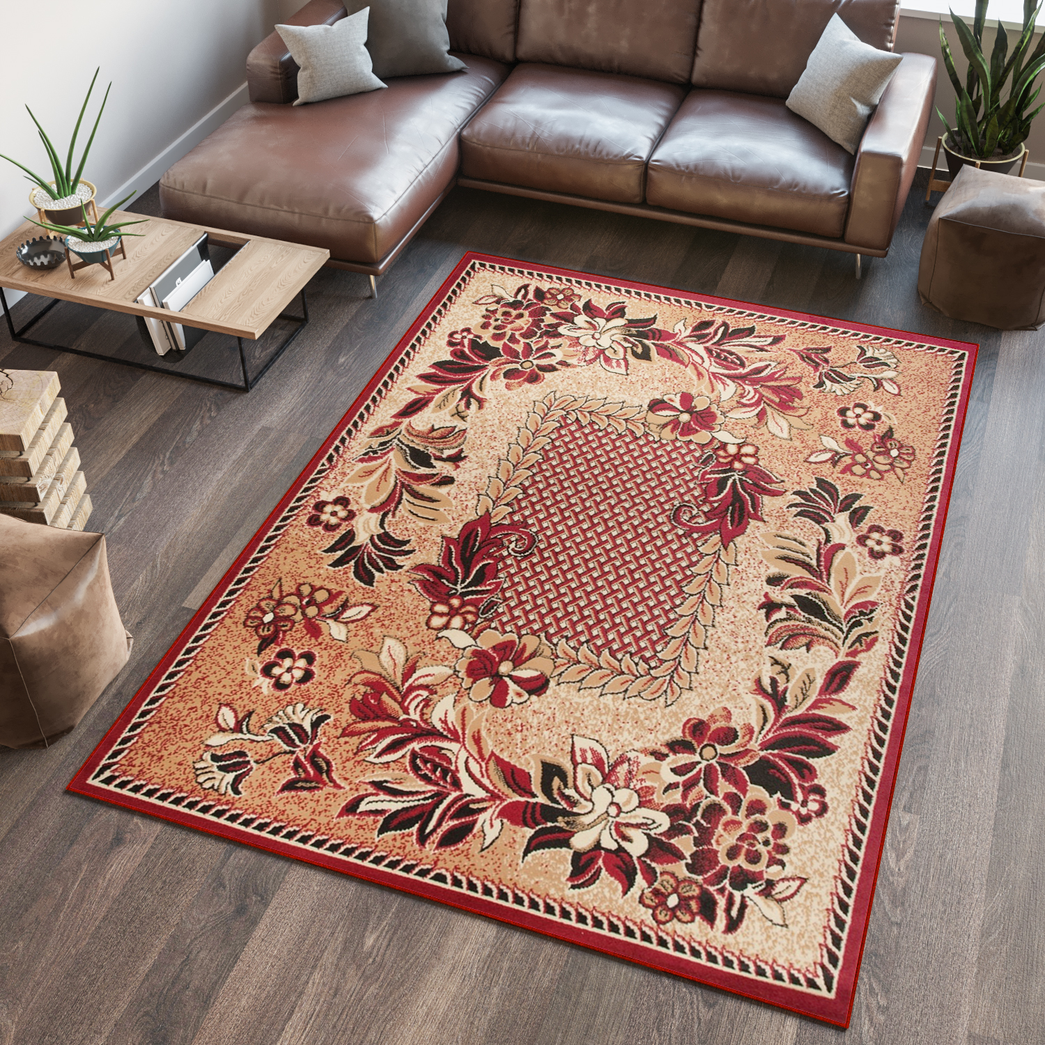 Area Rug Atlas Floral Modern Short Pile Flower Beige Red