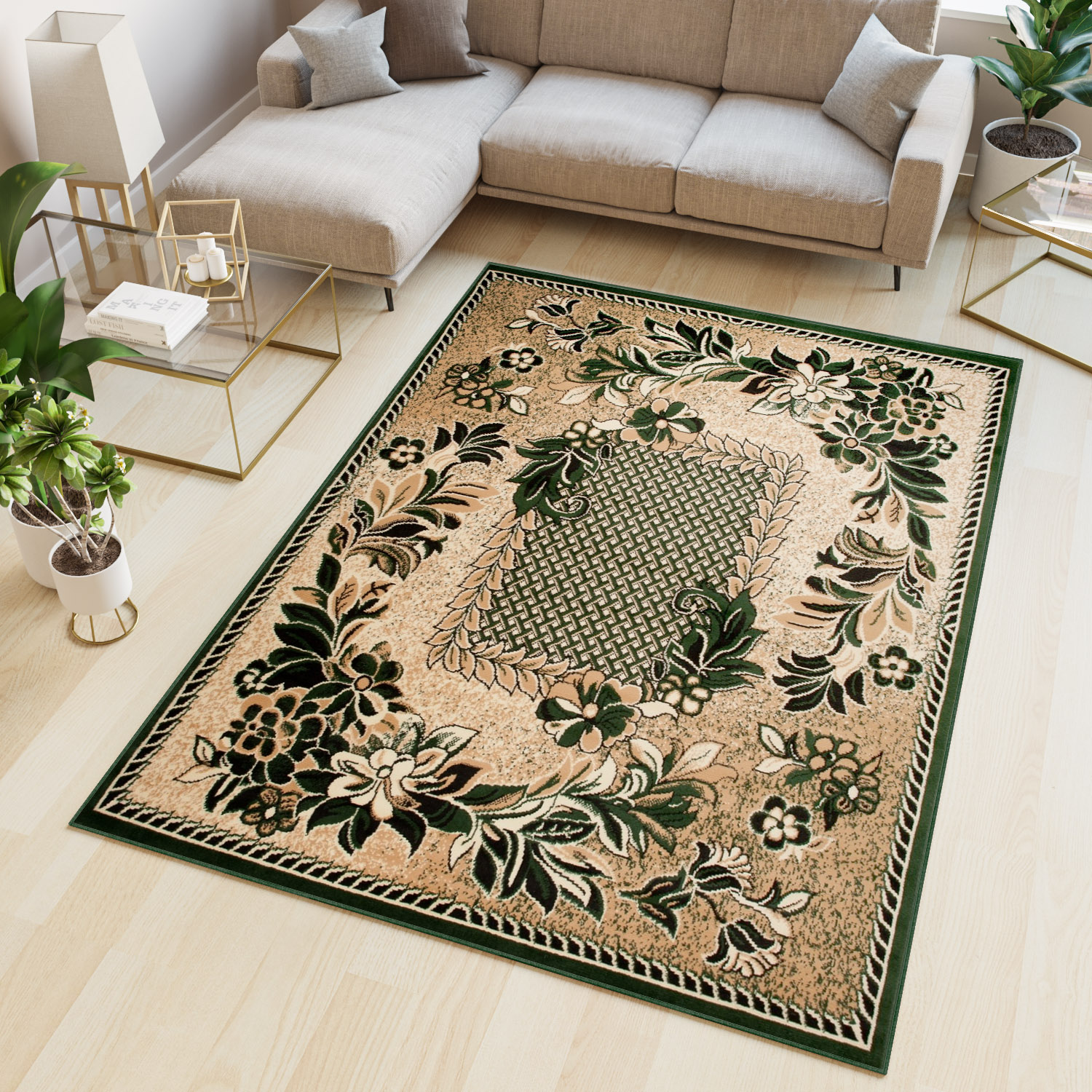 Area Rug Atlas Floral Modern Short Pile Flower Beige Green