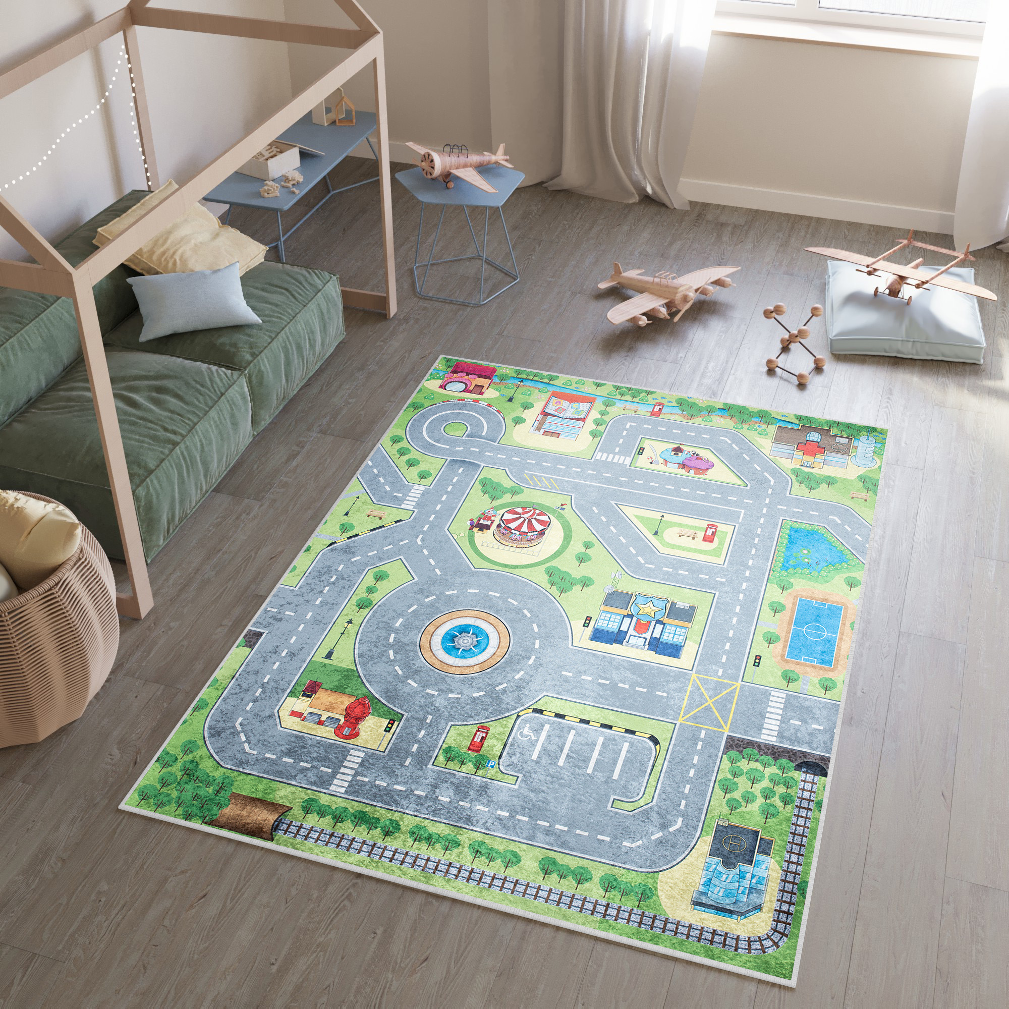 Area Rug Emma Anti-Slip Washable Green Grey Street