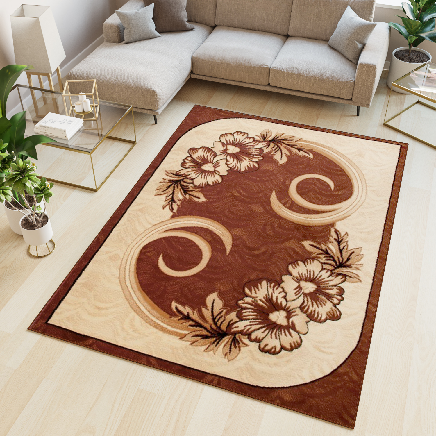 Area Rug Atlas Modern Short Pile Floral Flowers Beige Brown