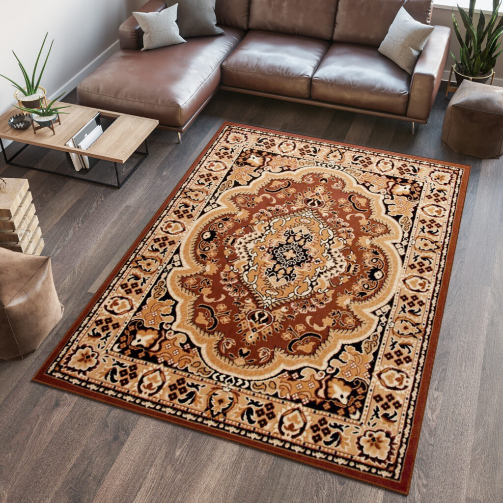 Area Rug Atlas Traditional Medallion Short Pile Beige Brown