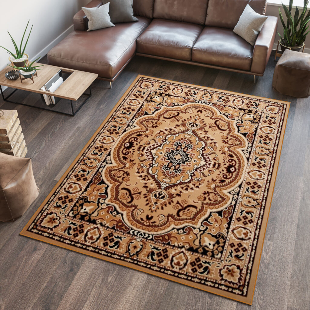 Area Rug Atlas Traditional Medallion Short Pile Brown Beige