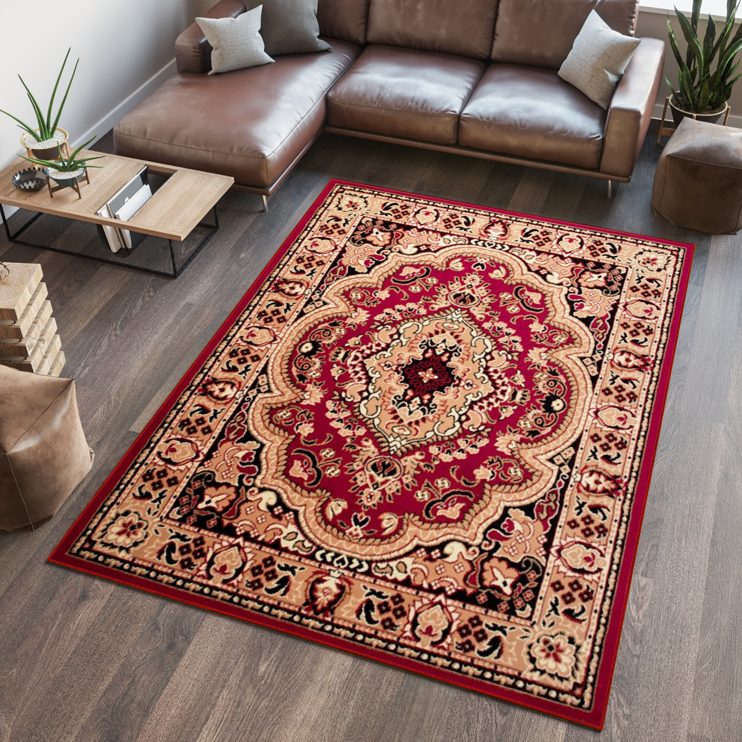 Area Rug Atlas Traditional Short Pile Medallion Beige Burgundy